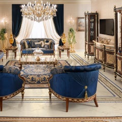 Blue Royal Palace Classic Sofa in Exclusive Cherry Wood and Gold Leaf Appliqué