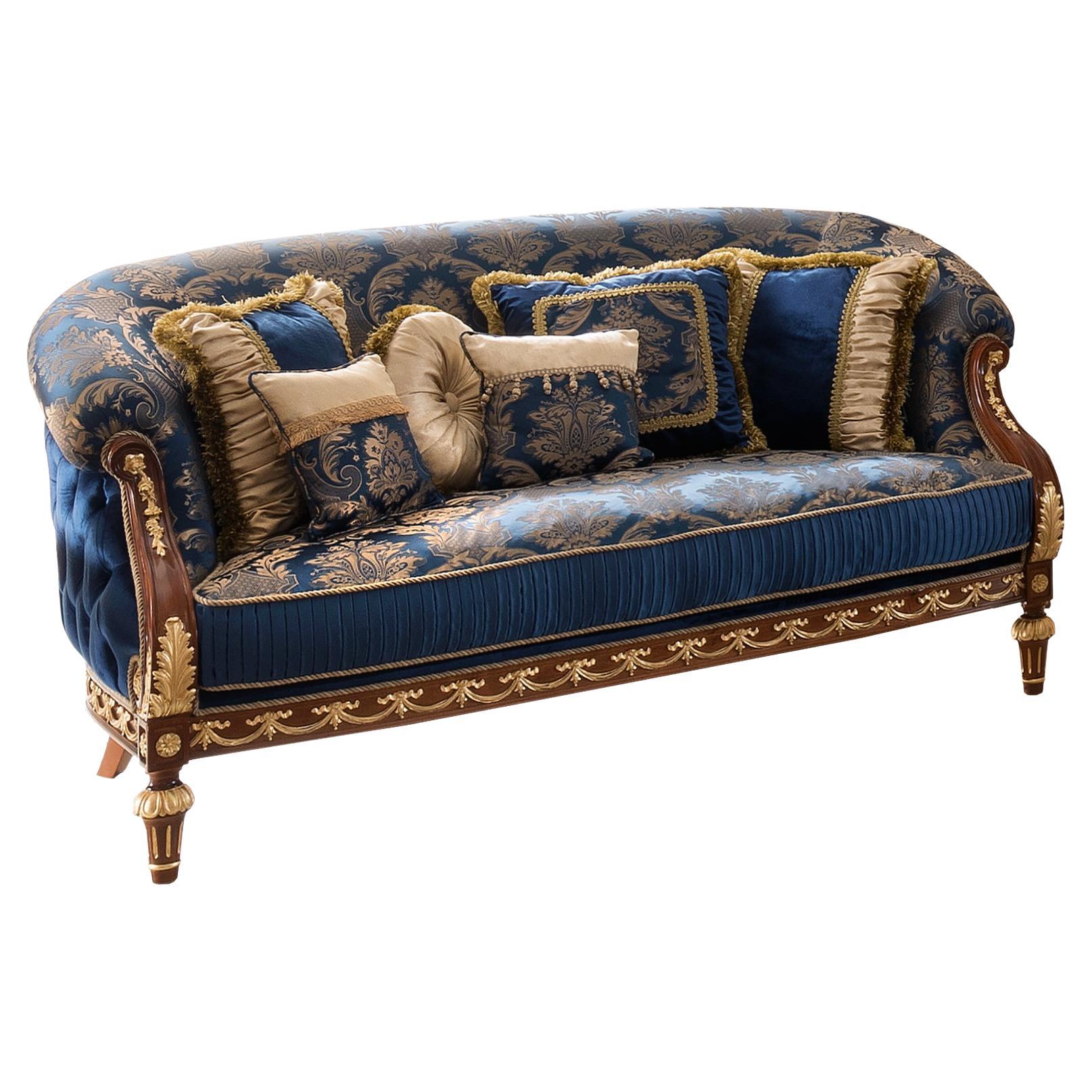 Blue Royal Palace Classic Sofa in Exclusive Cherry Wood and Gold Leaf Appliqué For Sale
