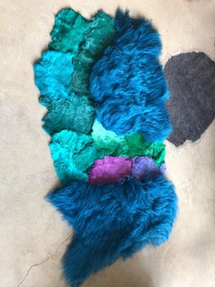 Unique Organic Shape Hand-Dyed Blue European Sheepskin Small Rug by Carine Boxy