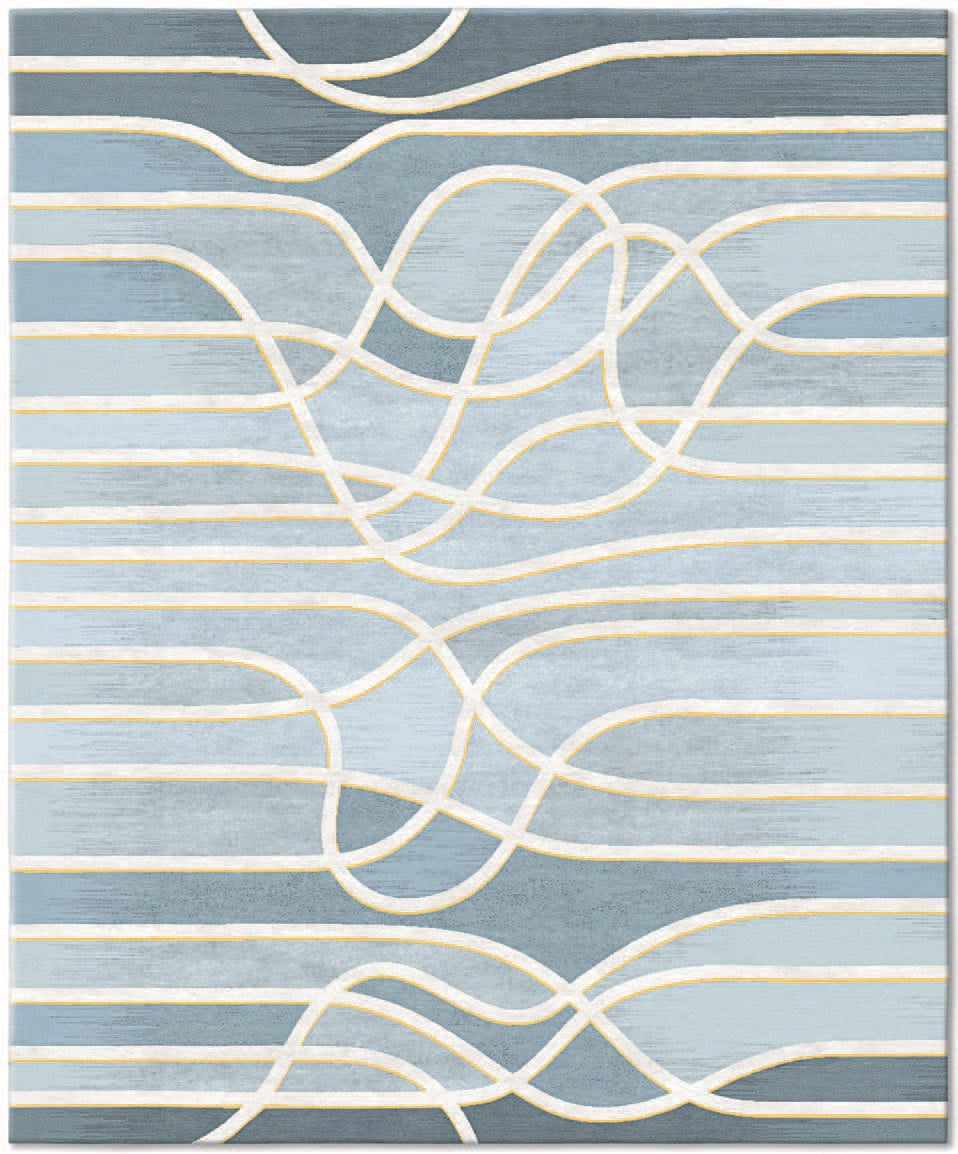 Blue Rug for Living Room Hand Knotted Wool Silk - La Seine Au Crepuscule For Sale