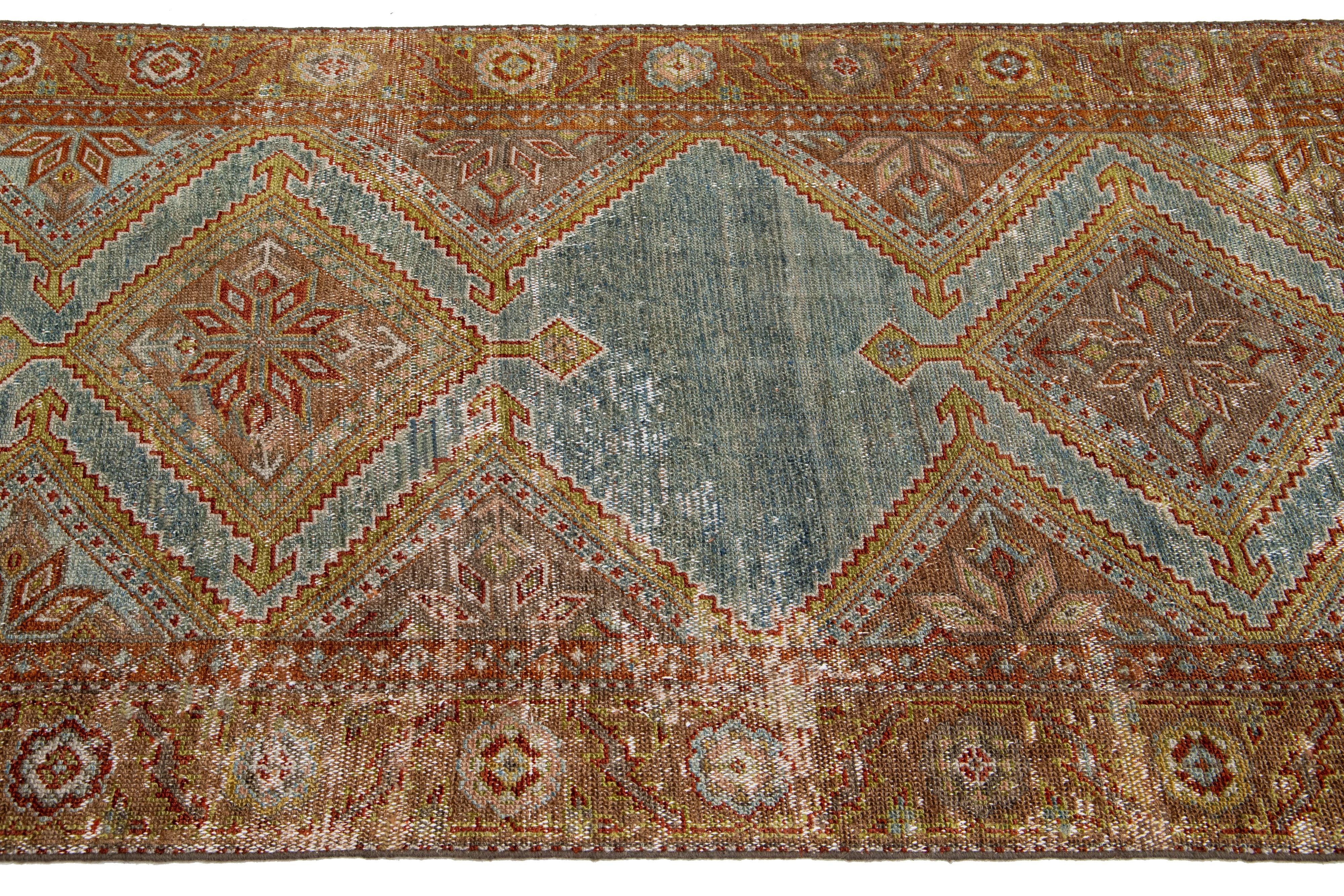 Blue & Rust Tribal Designed Antique Malayer Persian Wool Runner In Distressed Condition For Sale In Norwalk, CT