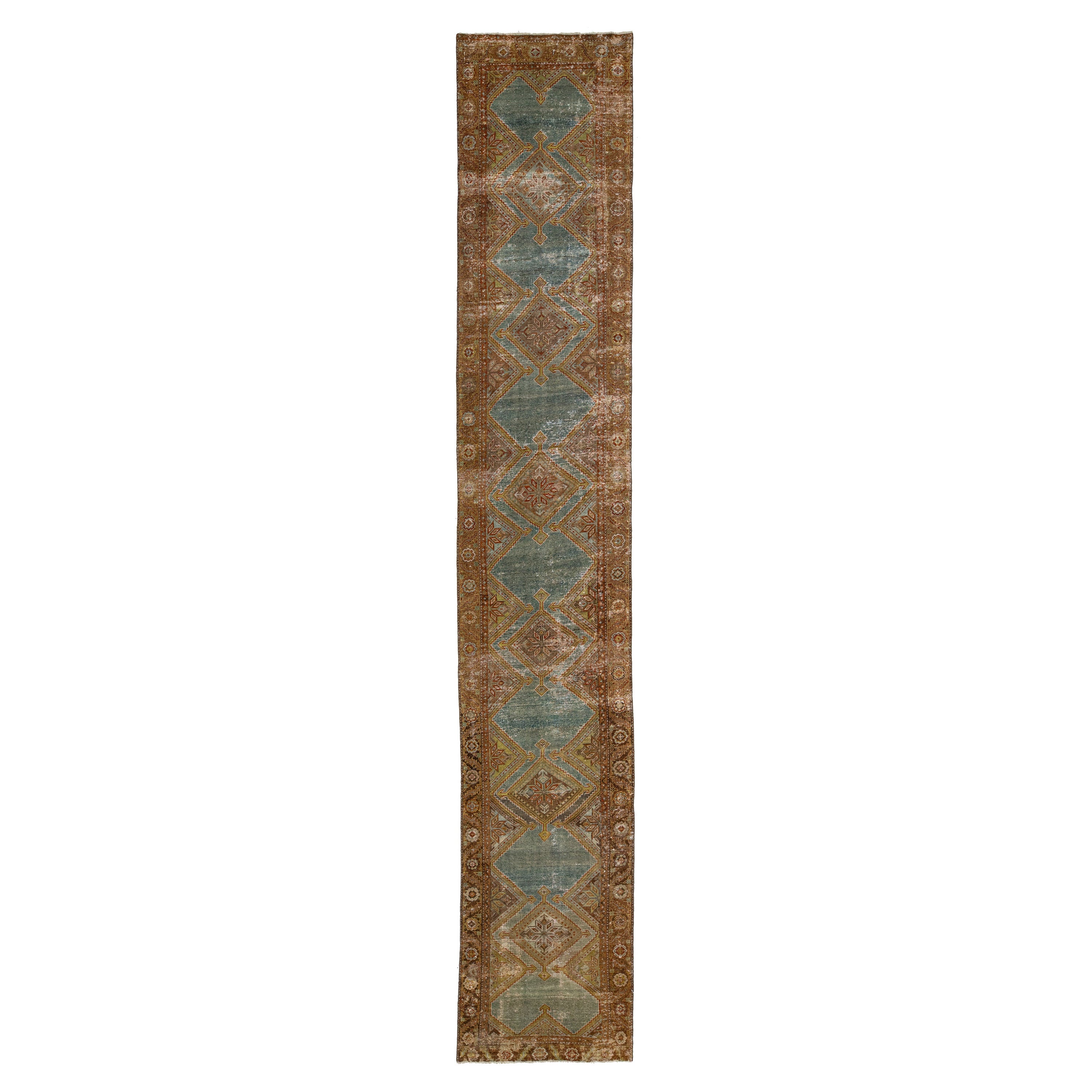 Chemin de table en laine persane bleue et rouille, Design/One antique Malayer