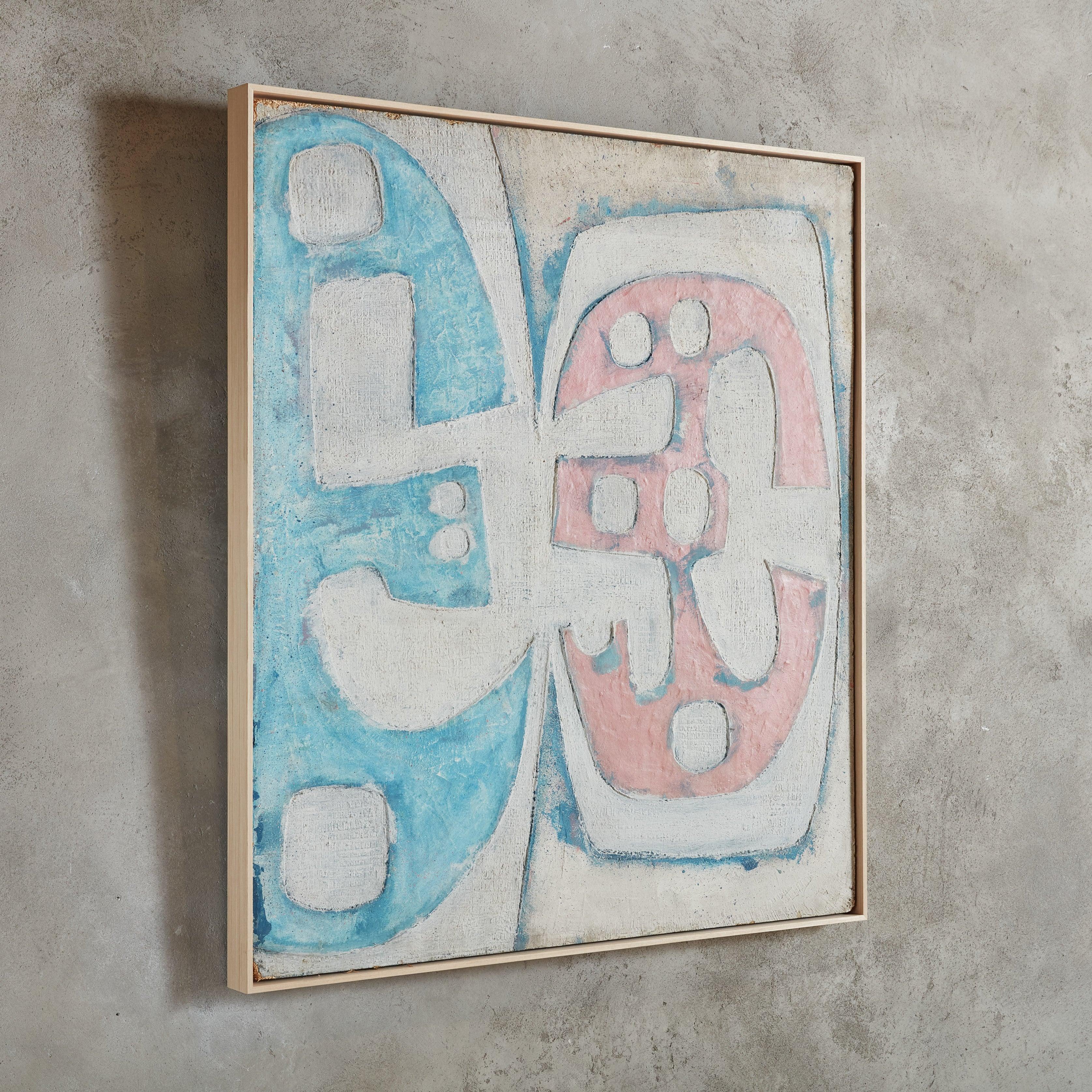 An acrylic painting on wood by Italian artist Alessandro Bonato, 1970s. This richly textured painting features hues of sky blue, white, and salmon in an abstract geometric design. Unsigned. Presented as photographed in a blonde wood floater frame.