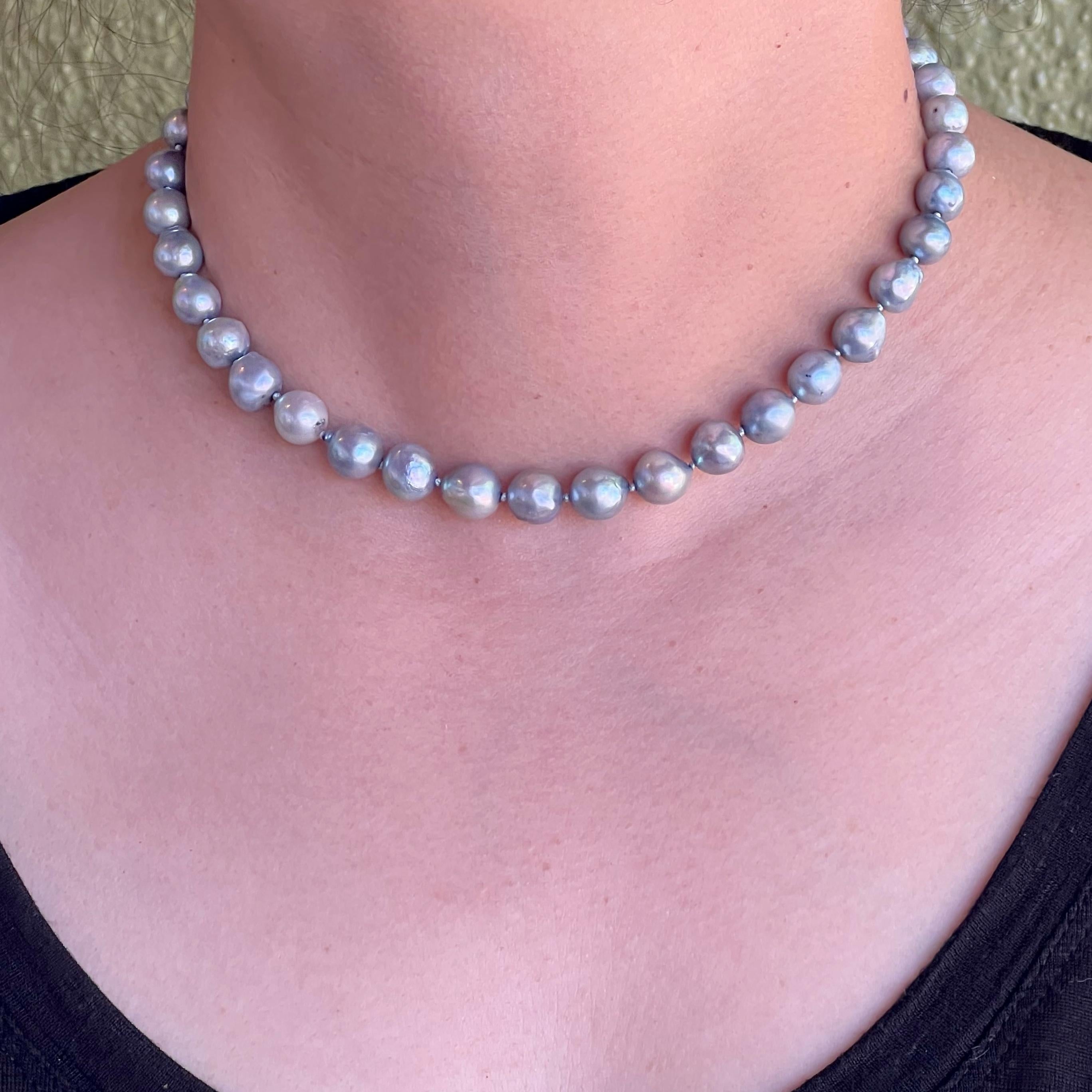 Modern Blue Saltwater Pearl Necklace with 14 Karat White Gold Clasp For Sale