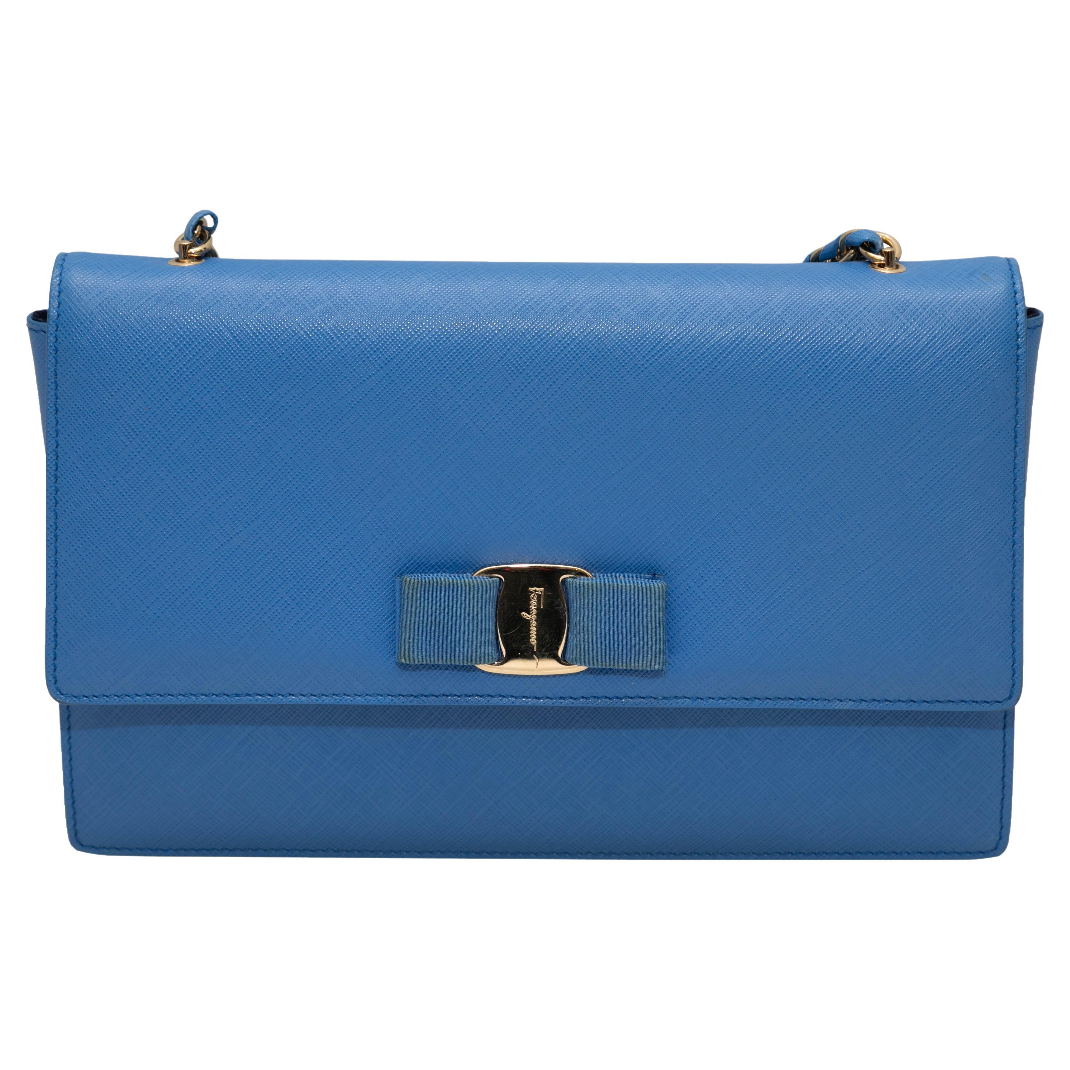 Blue Salvatore Ferragamo Vara Bow Bag For Sale