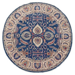 Alfombra redonda Oushak con motivos florales en azul y arena - Alfombra floral artesanal de estilo transicional (6x6)