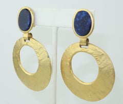 Blue Sandstone Matte Gold Door Knocker Hoop Earrings, 1980's