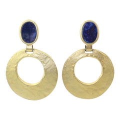 Vintage Blue Sandstone Matte Gold Door Knocker Hoop Earrings, 1980's