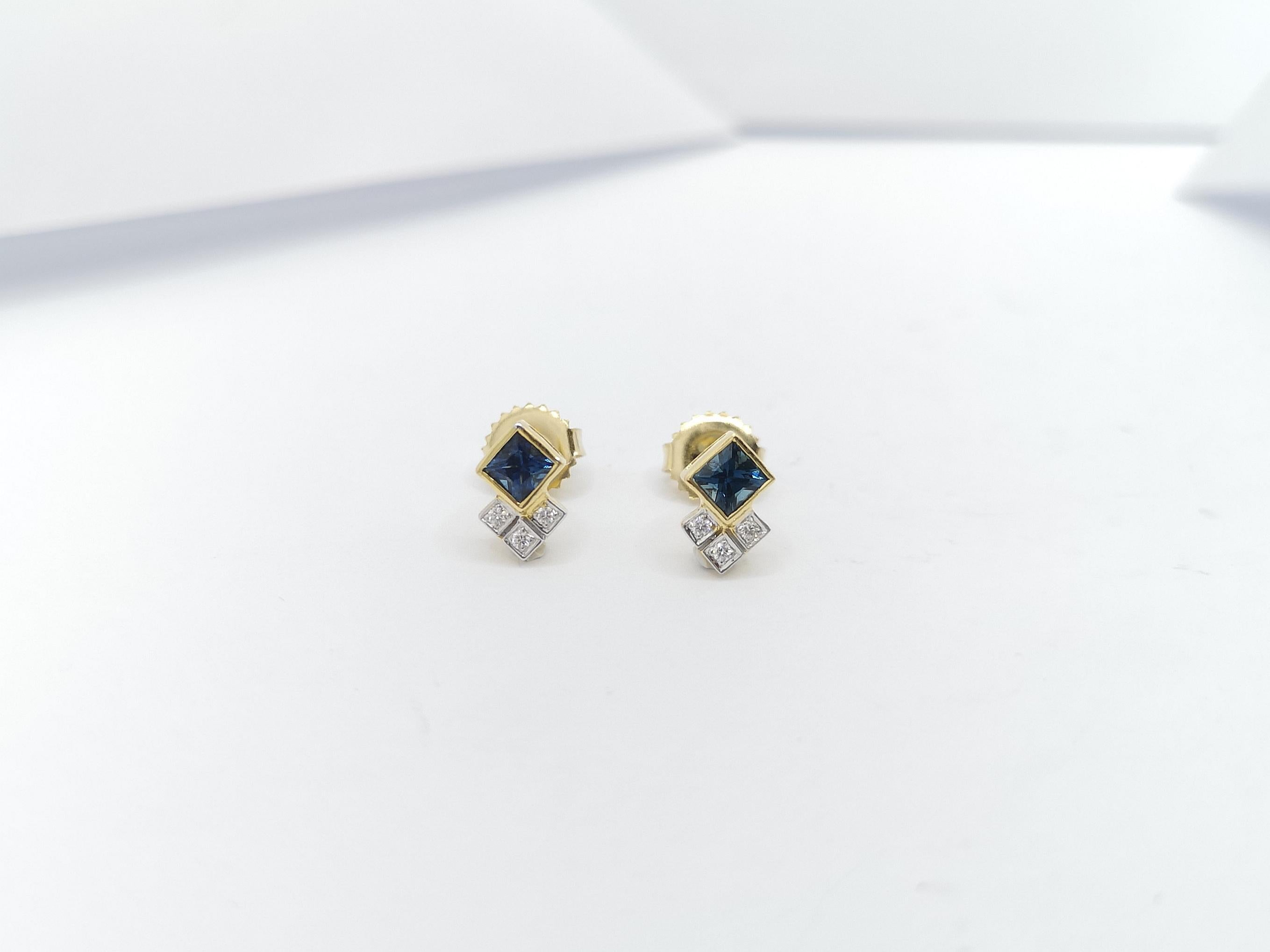 Square Cut Blue Sapphire 0.58 Carat with Diamond 0.05 Carat Earrings Set in 18 Karat Gold S For Sale
