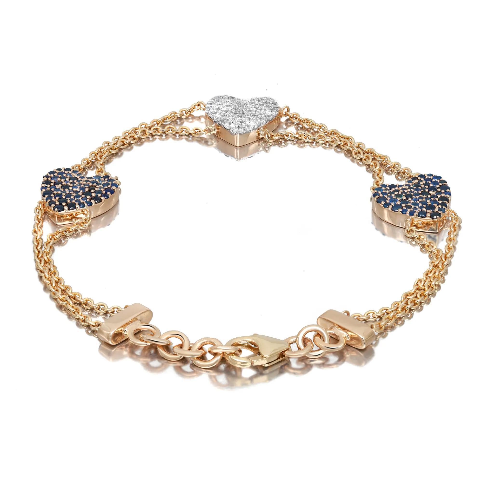 Modern Blue Sapphire 0.94Ct & Diamond 0.42Ct Three Heart Chain Bracelet 14K Yellow Gold For Sale