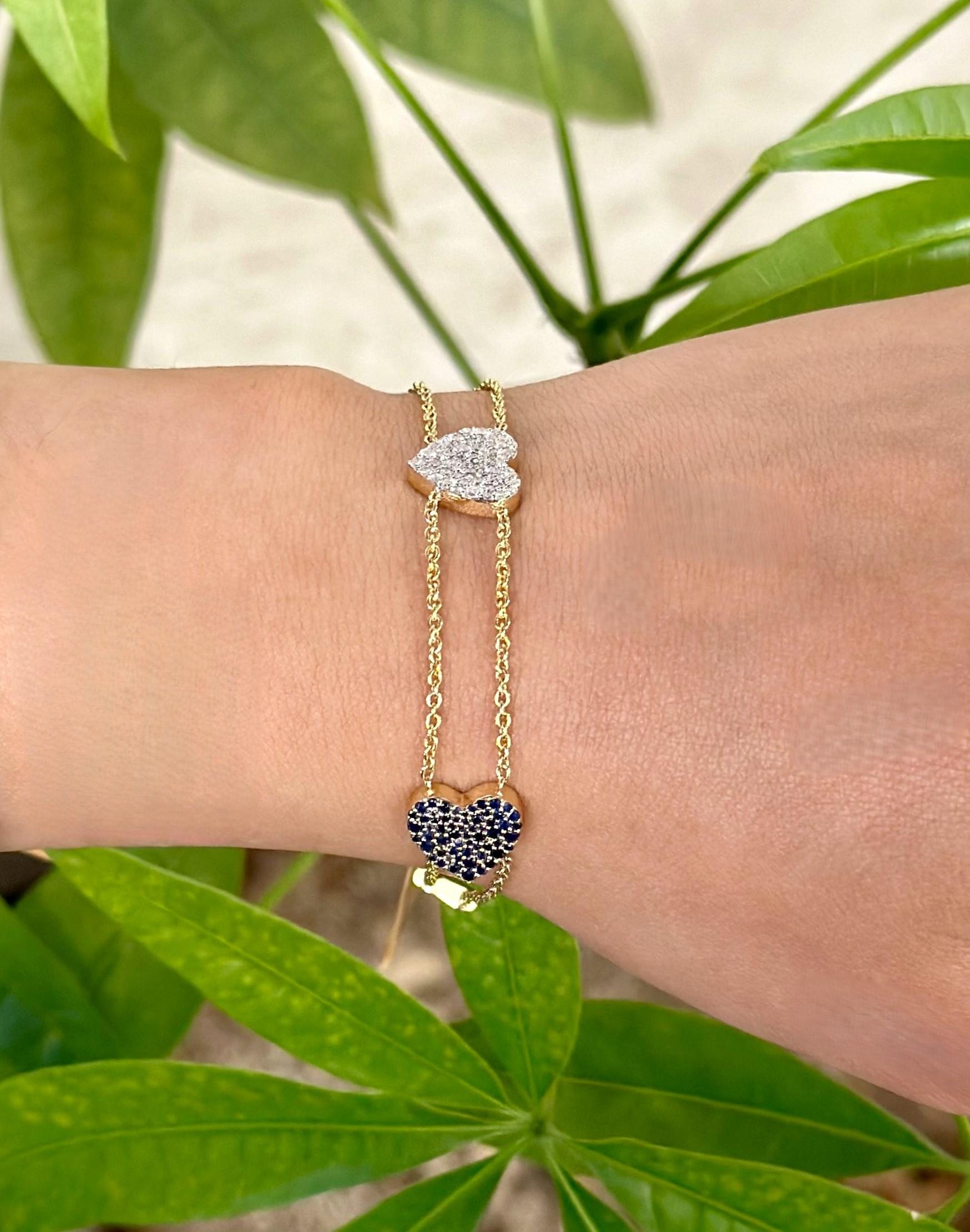 Round Cut Blue Sapphire 0.94Ct & Diamond 0.42Ct Three Heart Chain Bracelet 14K Yellow Gold For Sale