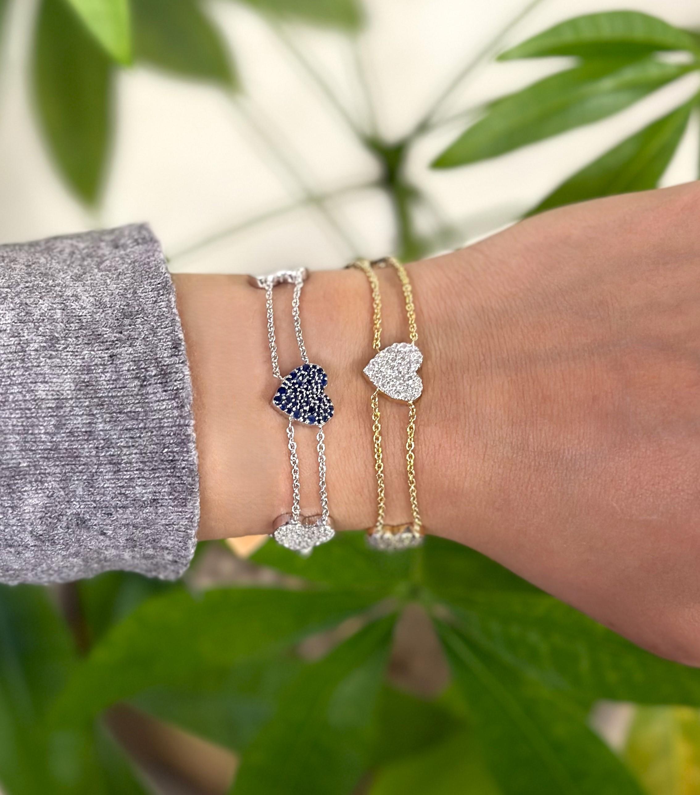 Blue Sapphire 0.94Ct & Diamond 0.42Ct Three Heart Chain Bracelet 14K Yellow Gold In New Condition For Sale In New York, NY