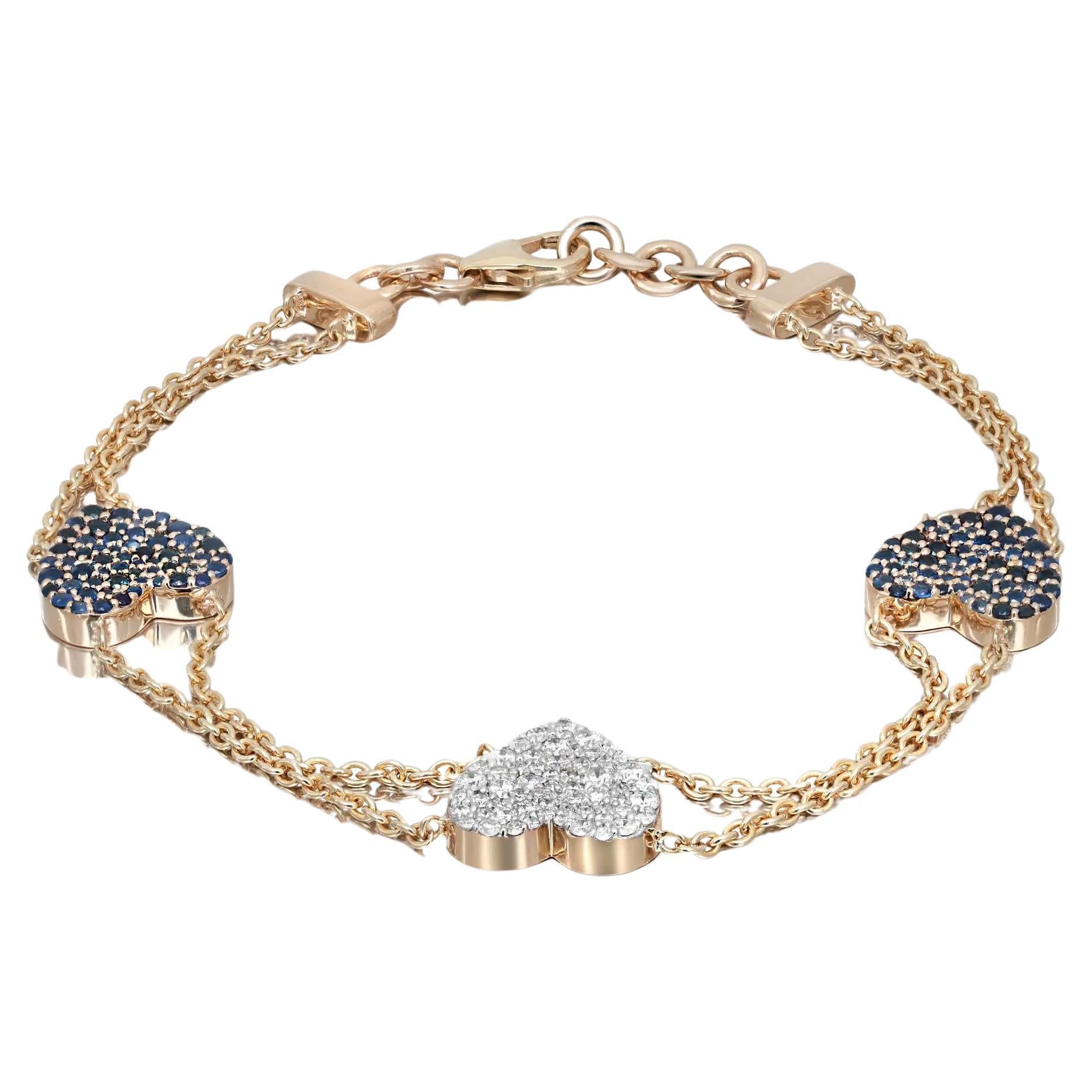 Blue Sapphire 0.94Ct & Diamond 0.42Ct Three Heart Chain Bracelet 14K Yellow Gold For Sale