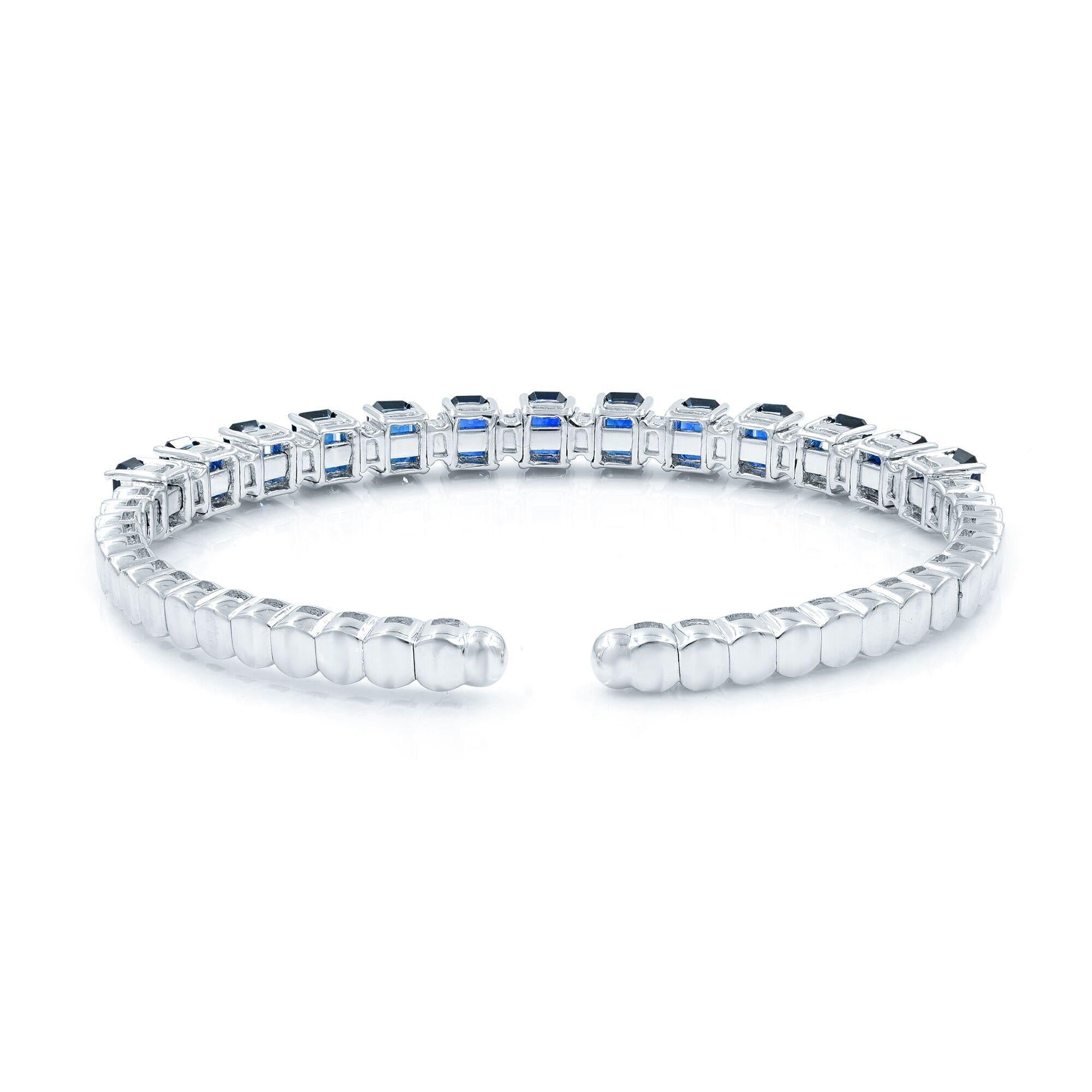 Emerald Cut Blue Sapphire 10.20Cttw And Diamond 1.20Cttw Bangle Bracelet 18K White Gold  For Sale