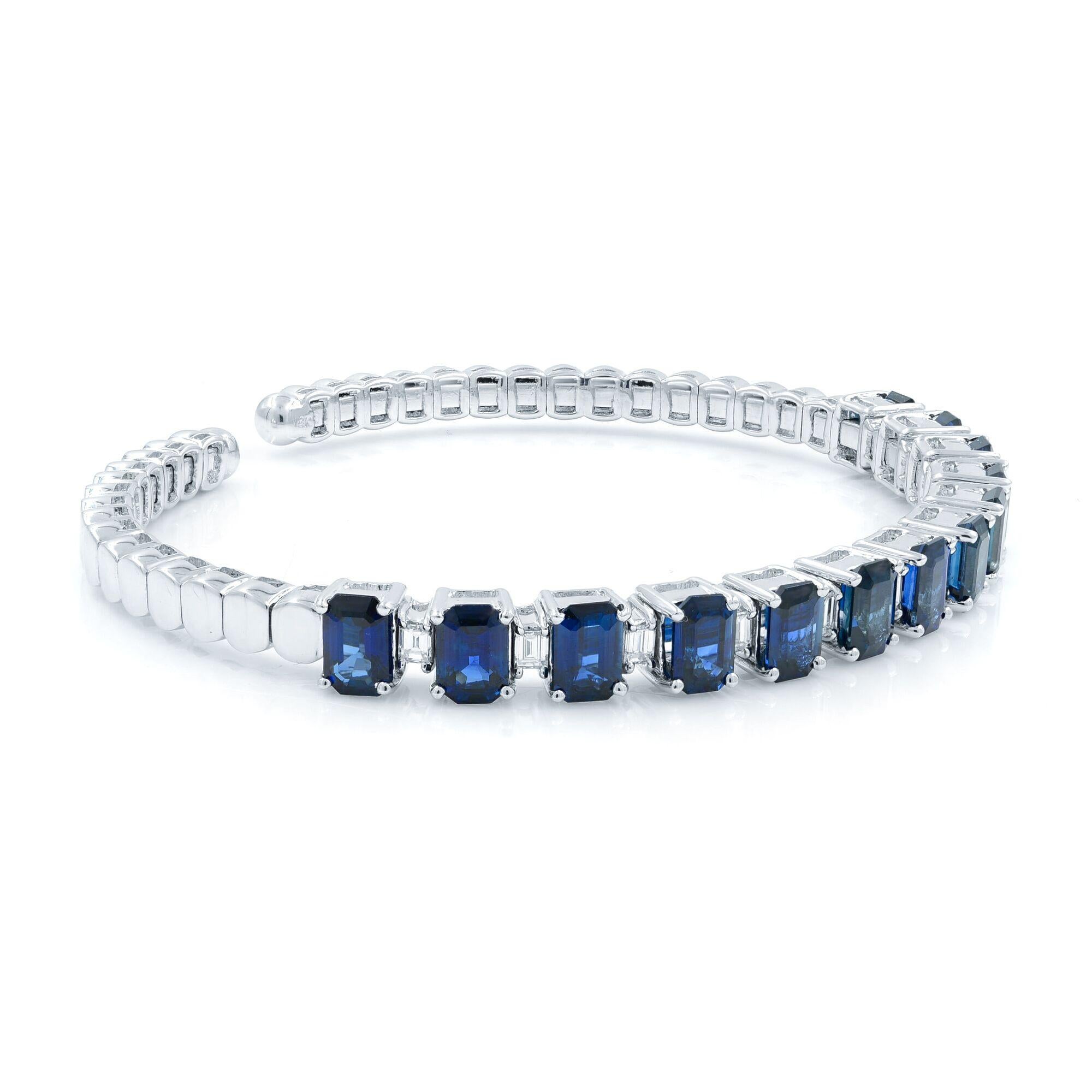 Blue Sapphire 10.20Cttw And Diamond 1.20Cttw Bangle Bracelet 18K White Gold  In New Condition For Sale In New York, NY