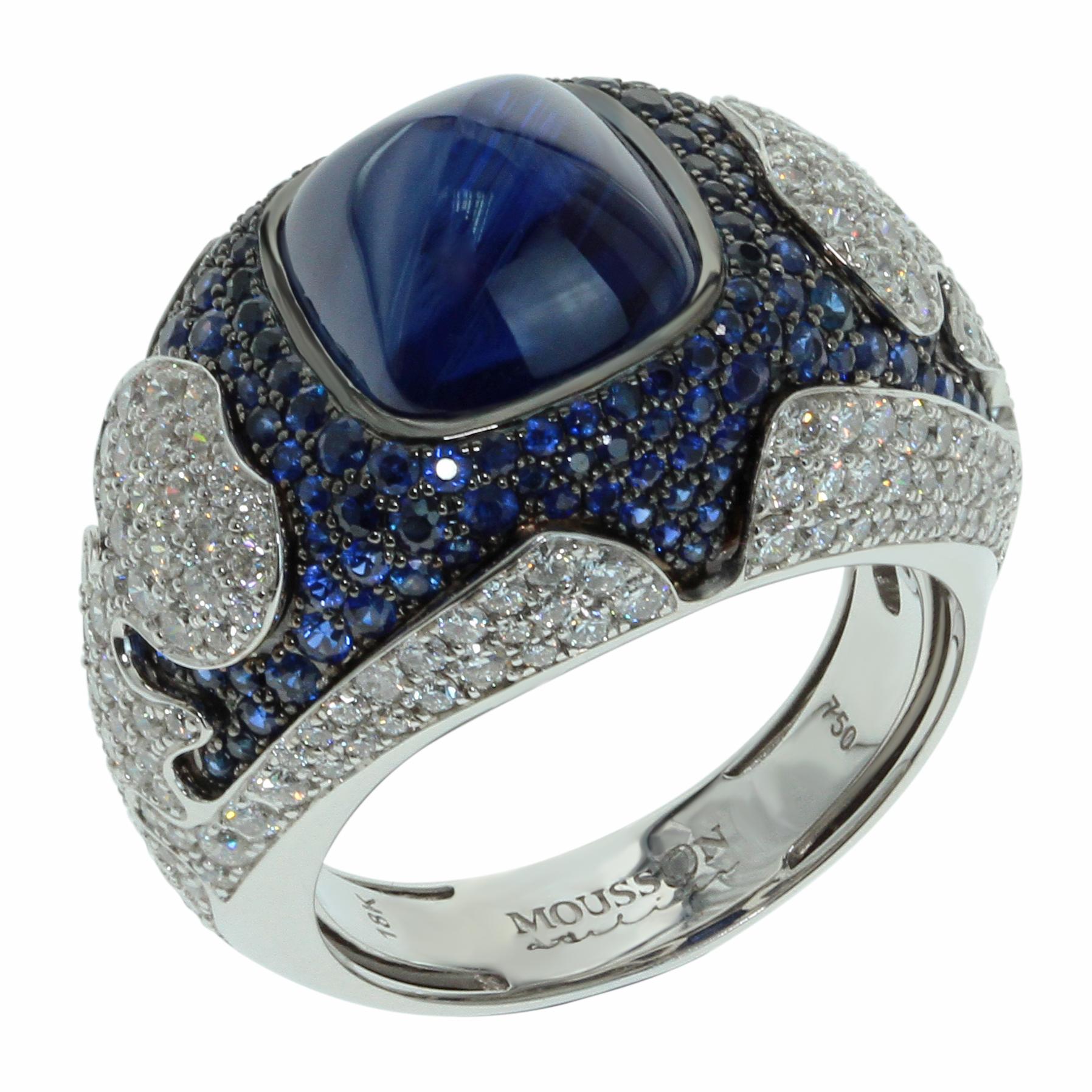 Blauer Saphir 10,31 Karat Diamanten 18 Karat Weißgold Maghreb Ring
Maghreb ist ein Name, den mittelalterliche arabische Seefahrer, Geographen und Historiker den westlich von Ägypten gelegenen Ländern Nordafrikas gaben. Inspiriert von der Kultur der