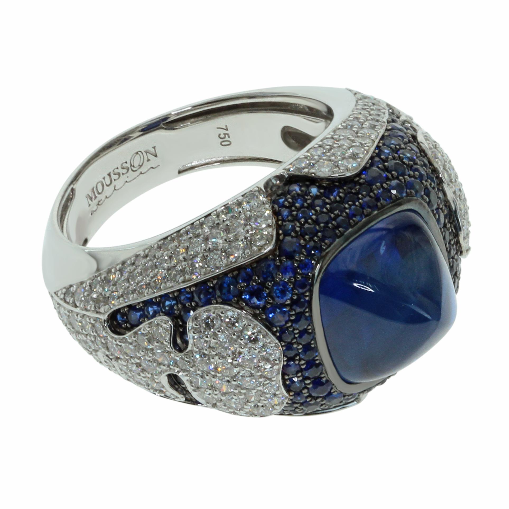 Blauer blauer Saphir 10,31 Karat Diamanten 18 Karat Weißgold Maghreb-Ring (Art déco) im Angebot