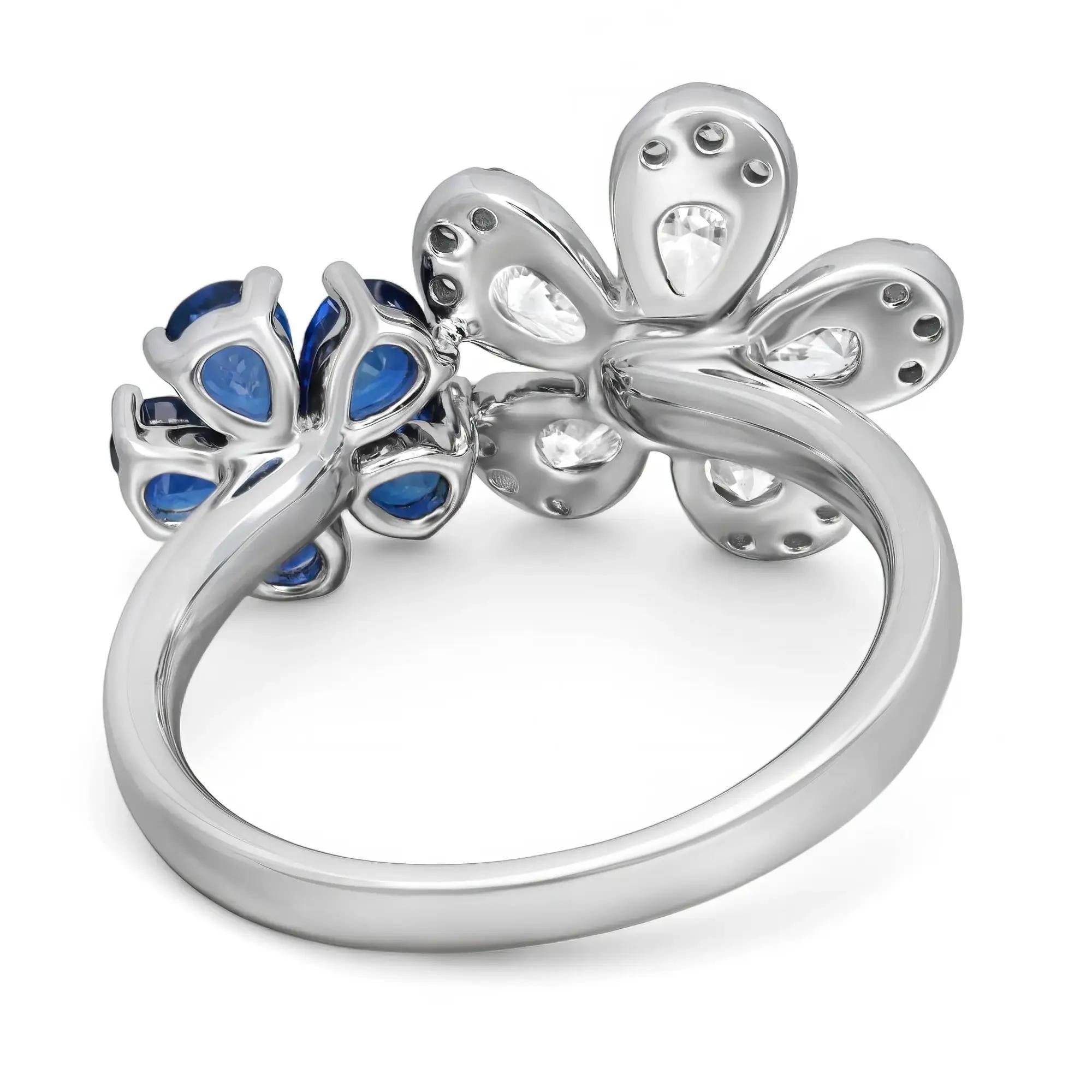 Blauer Saphir 1,11Kt & Diamant 0,97Kt Floral Cocktail Ring 18K Weißgold Größe 6 (Moderne) im Angebot