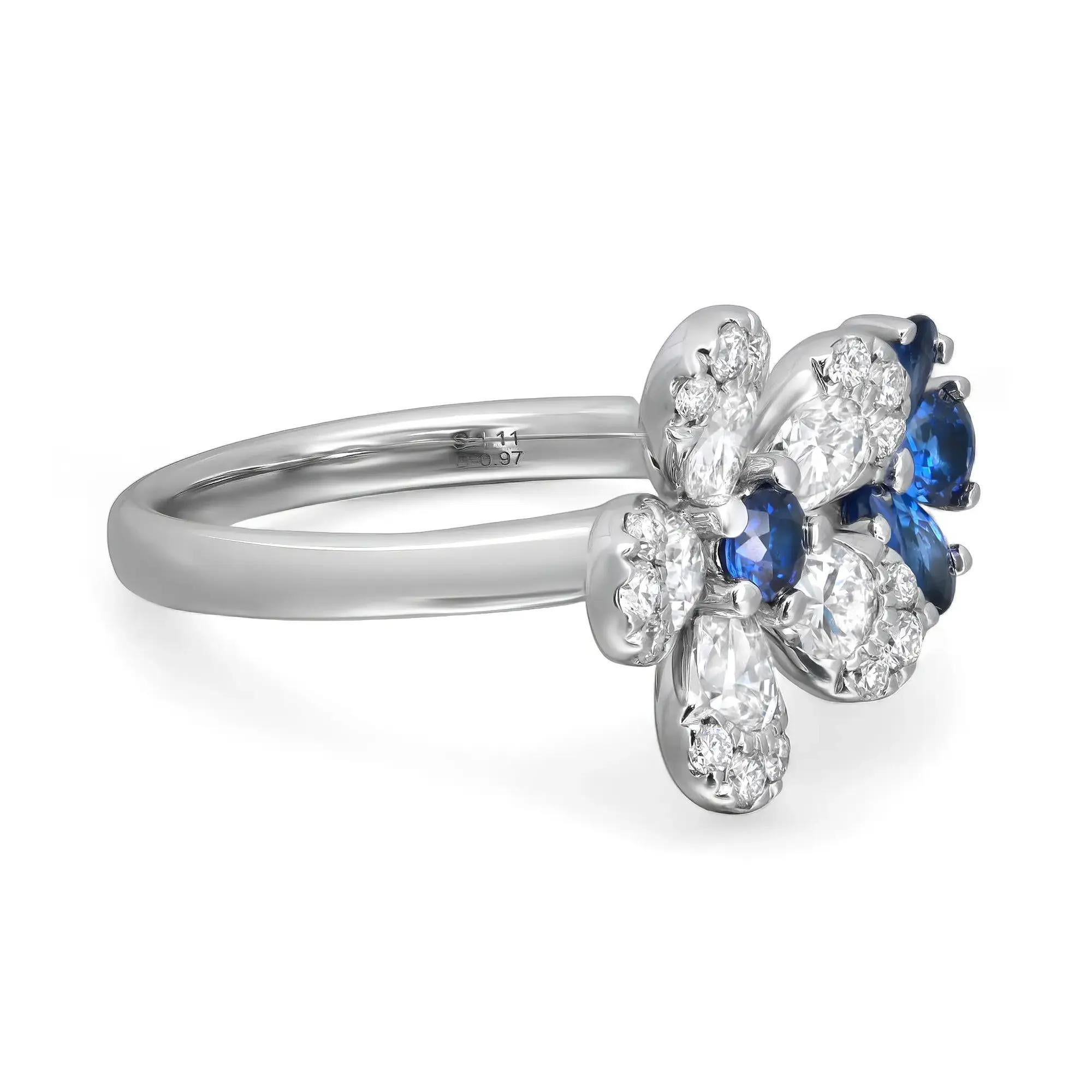 Blauer Saphir 1,11Kt & Diamant 0,97Kt Floral Cocktail Ring 18K Weißgold Größe 6 (Tropfenschliff) im Angebot
