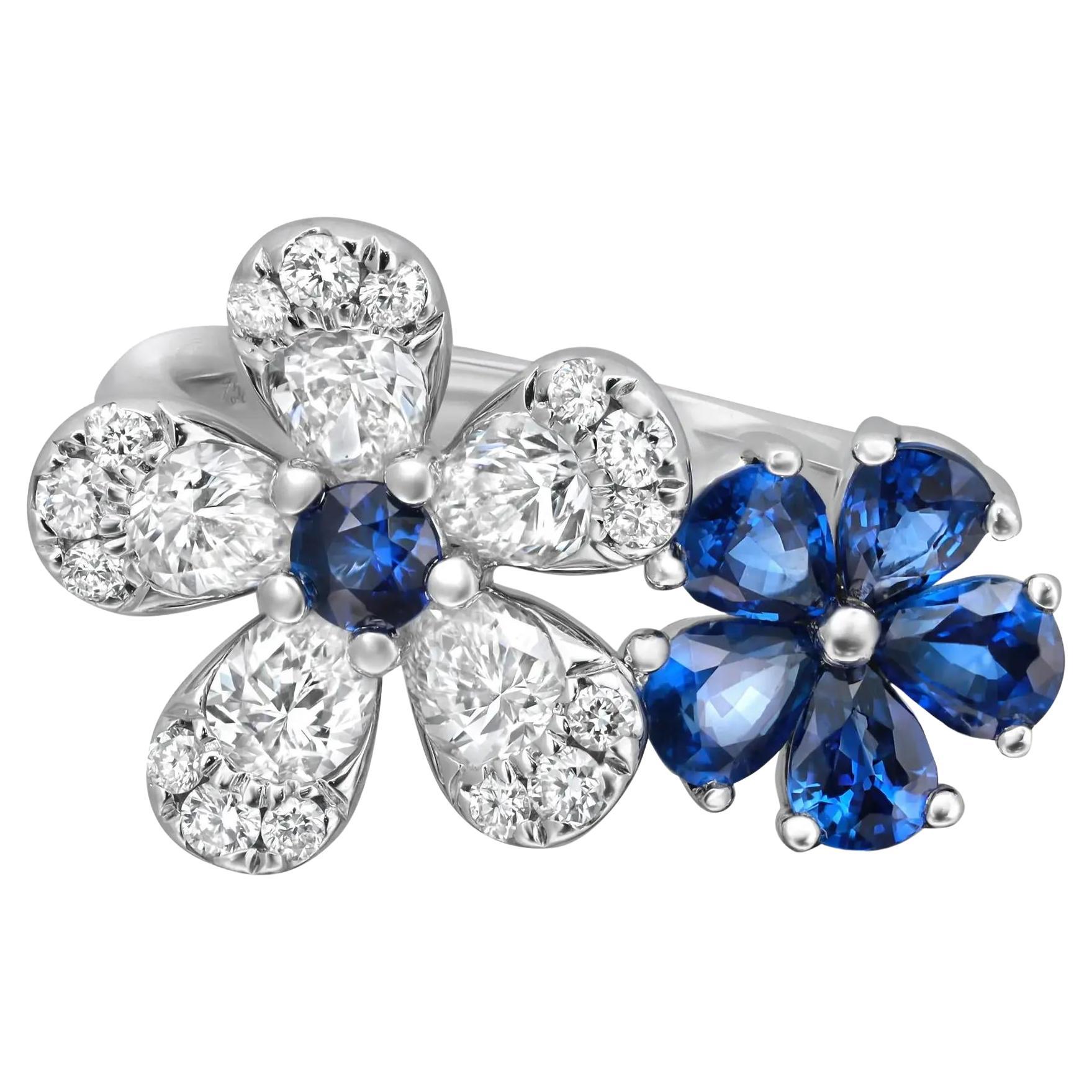 Blauer Saphir 1,11Kt 
Diamant 0,97Kt Floral Cocktail Ring 18K Weißgold Größe 6 im Angebot