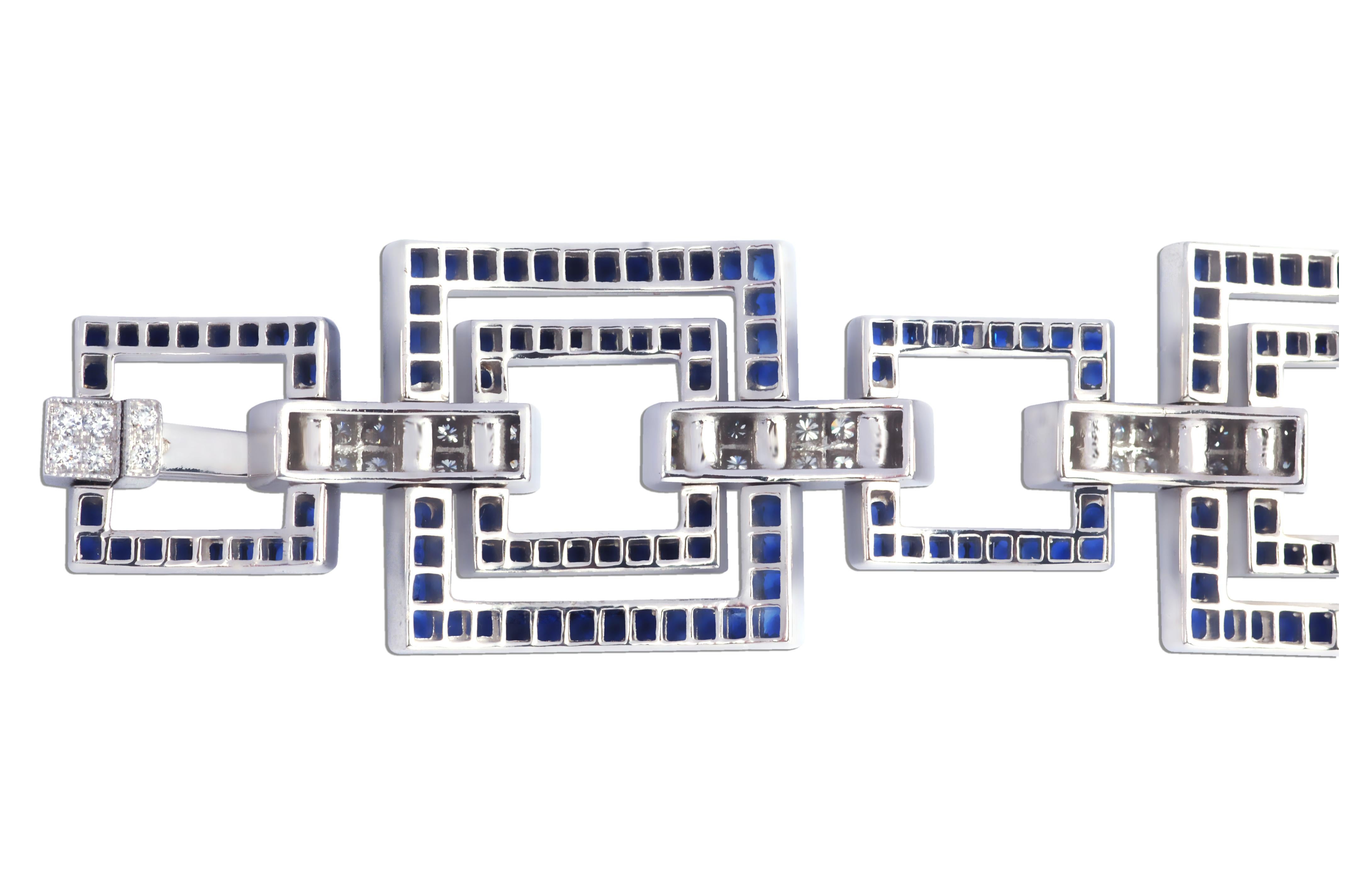 Square Cut Blue Sapphire 13.43 Cts with Diamond 2.13 Cts Bracelet in 18k White Gold Setting For Sale