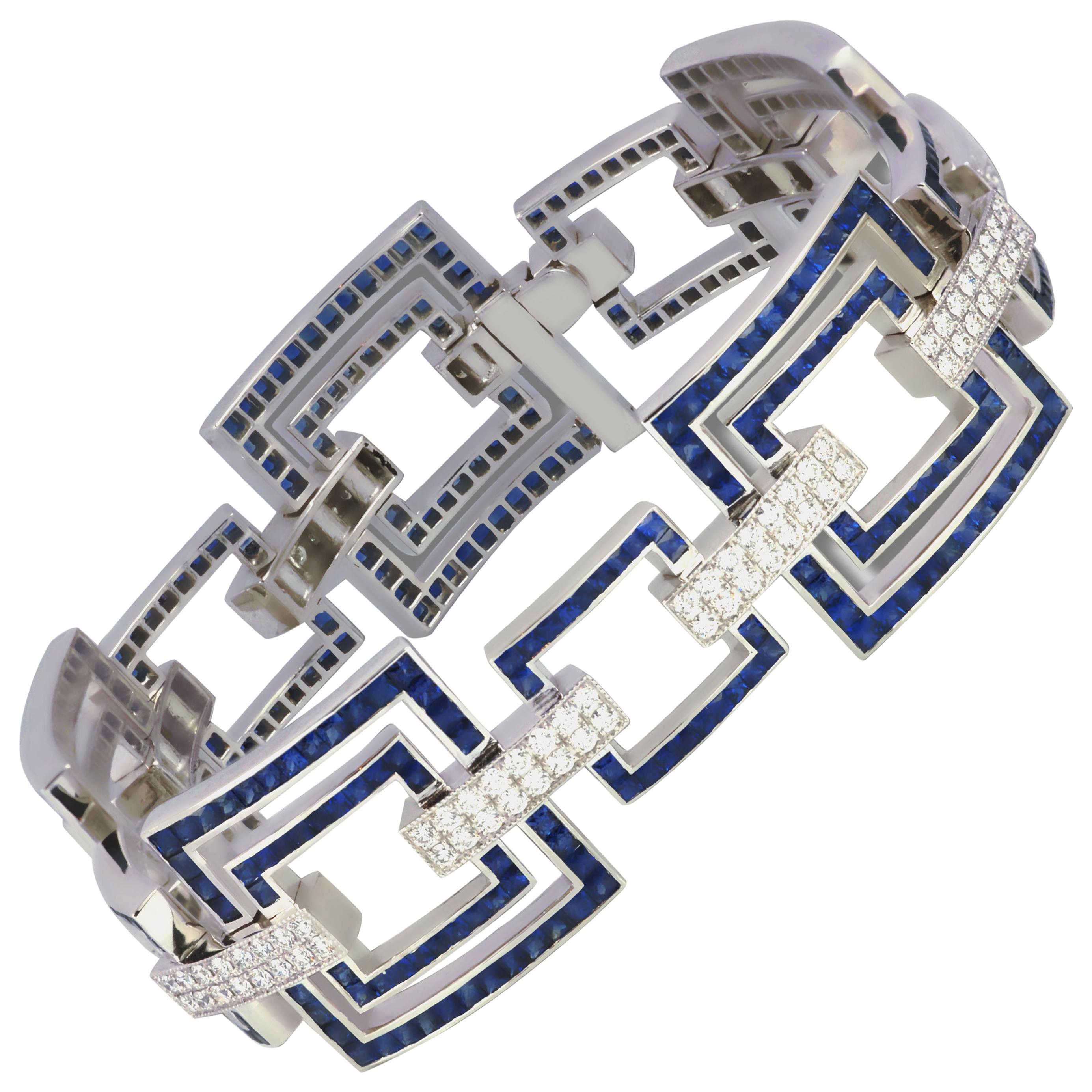 Blue Sapphire 13.43 Cts with Diamond 2.13 Cts Bracelet in 18k White Gold Setting