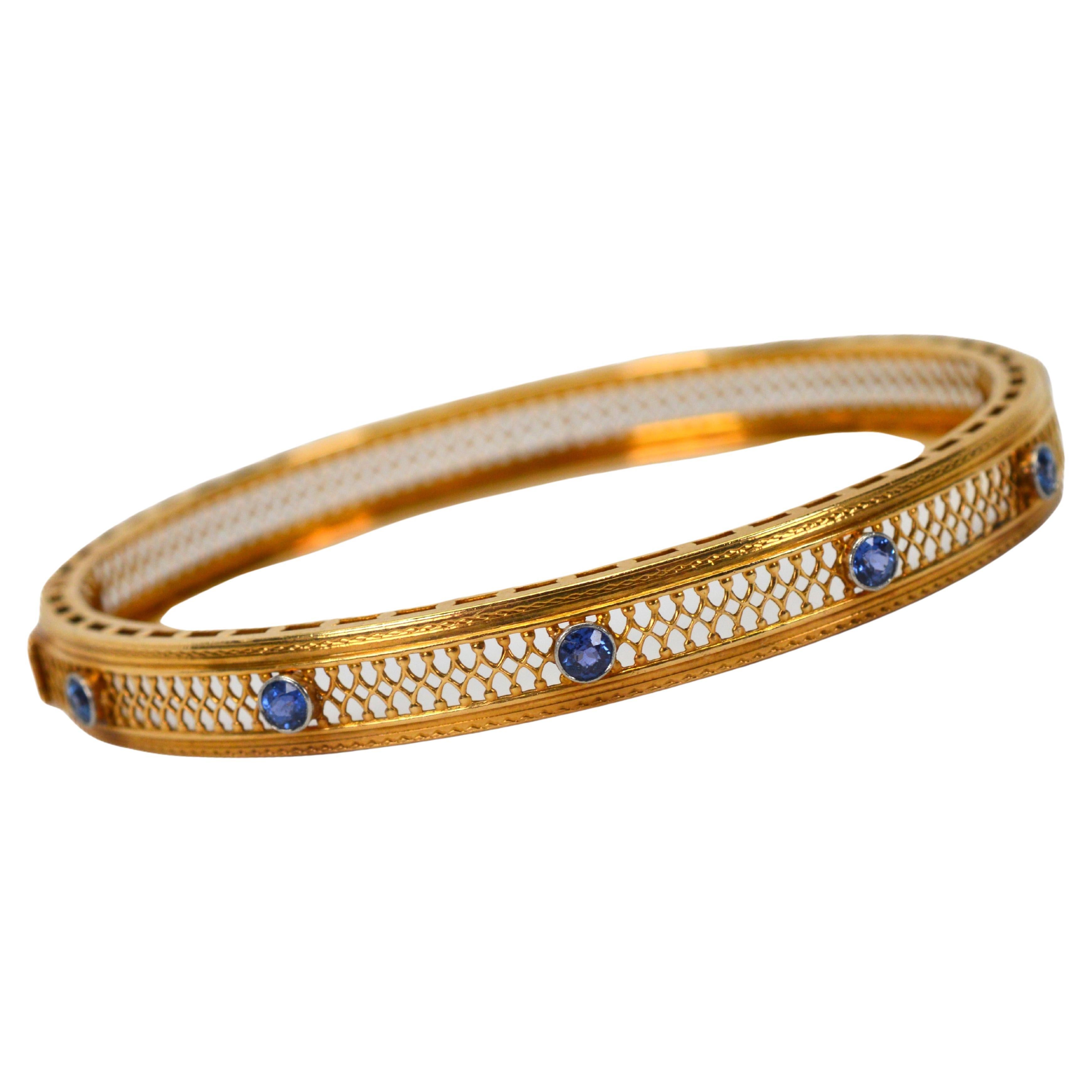 Blue Sapphire 14 Karat Yellow Gold Filgree Bangle Bracelet