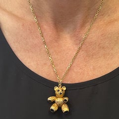Blue Sapphire 14 Karat Yellow Gold Solid Teddy Bear Pendant Charm Necklace