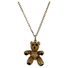 Blue Sapphire 14 Karat Yellow Gold Solid Teddy Bear Pendant Charm Necklace