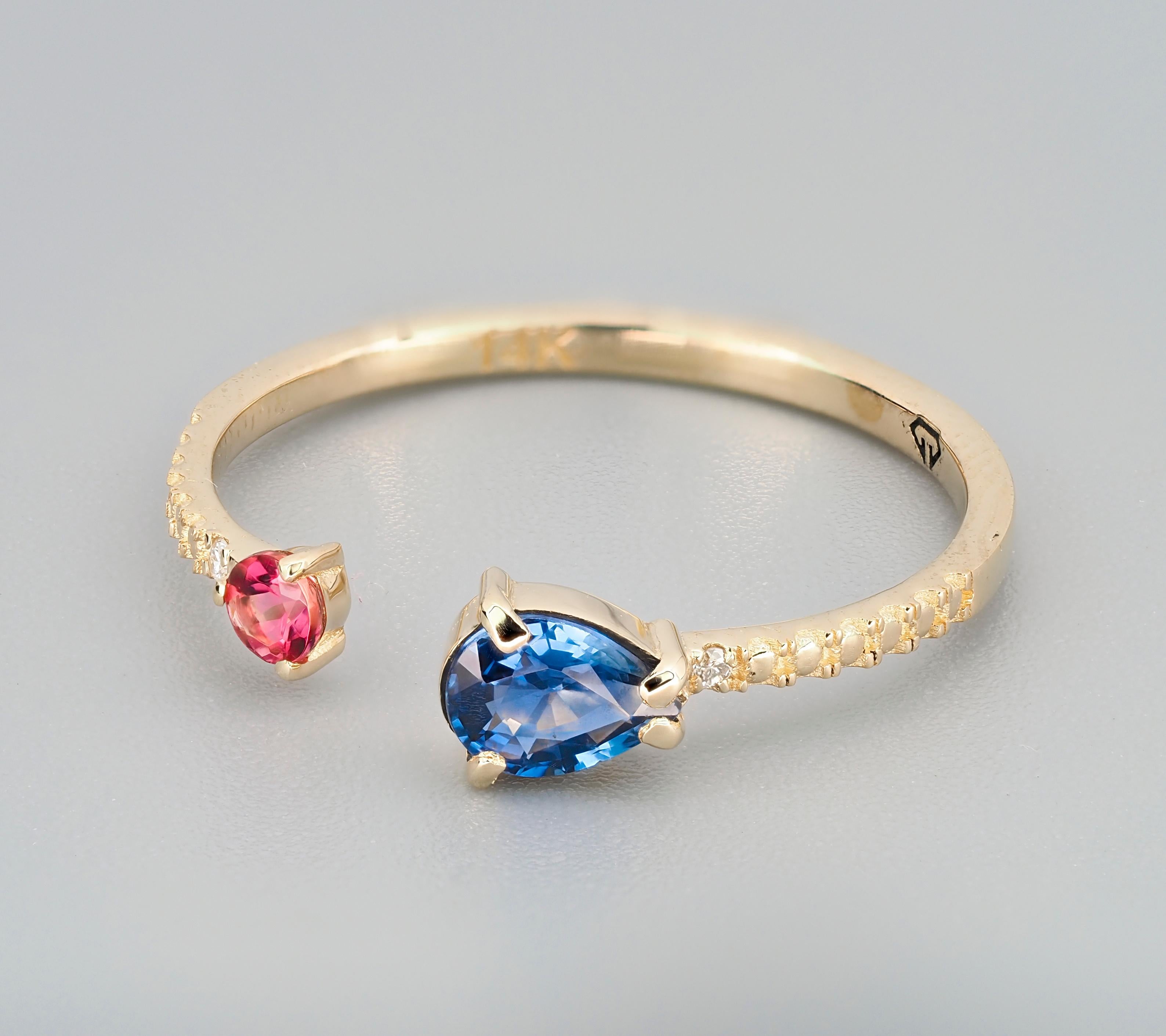 Pear Cut Blue sapphire 14k gold ring.  For Sale