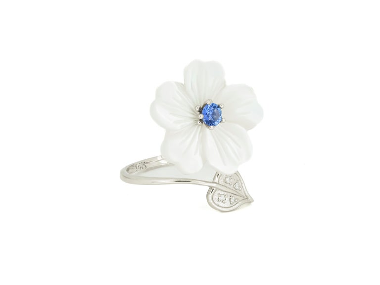 For Sale:  Blue Sapphire 14k Gold Ring with Carved Mother of Pearl Flower 14