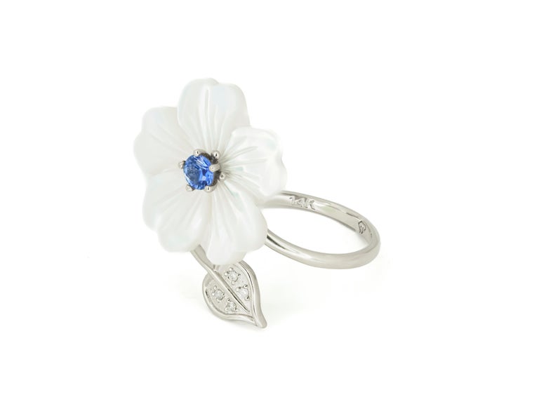 For Sale:  Blue Sapphire 14k Gold Ring with Carved Mother of Pearl Flower 18