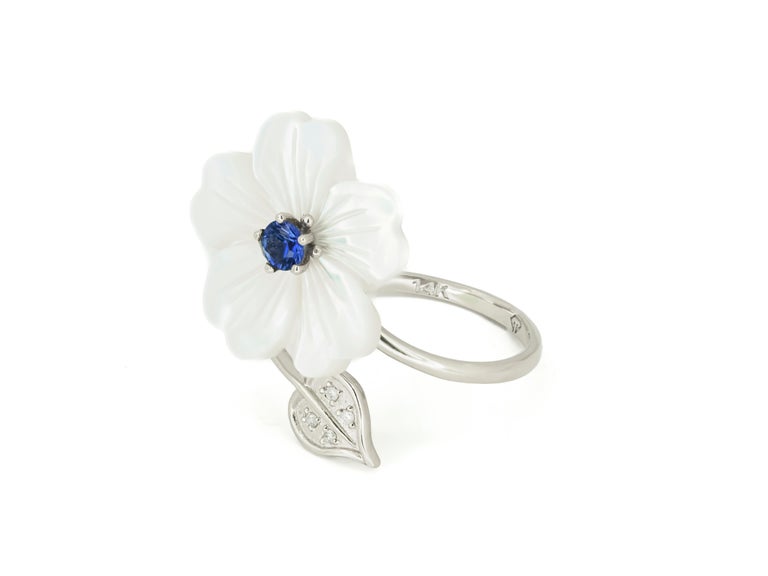 For Sale:  Blue Sapphire 14k Gold Ring with Carved Mother of Pearl Flower 10