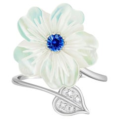 Blue Sapphire 14k Gold Ring with Carved Mother of Pearl Flower