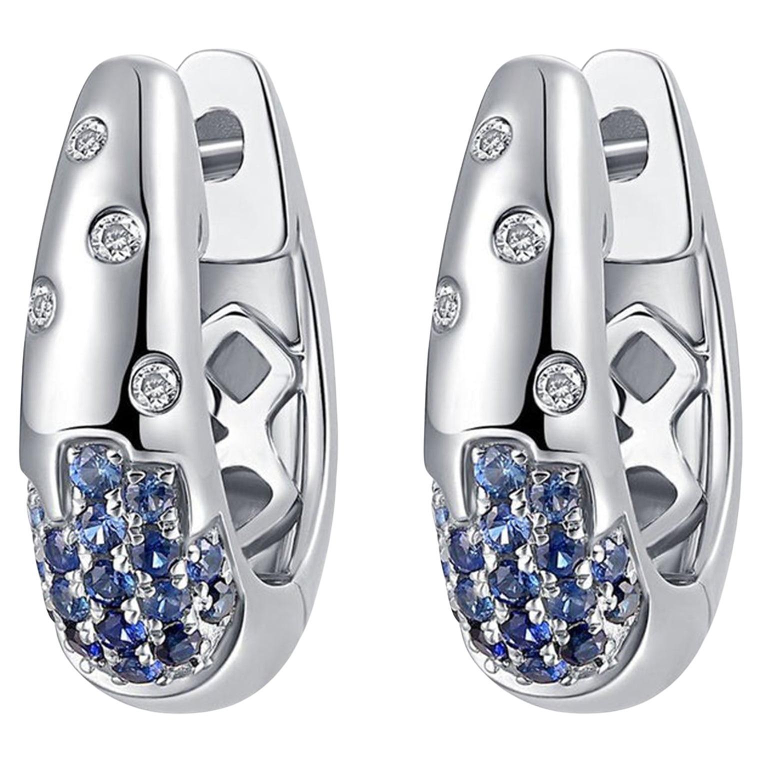 Blue Sapphire 14K (or 18k upon request) White Gold Huggie Earrings For Sale