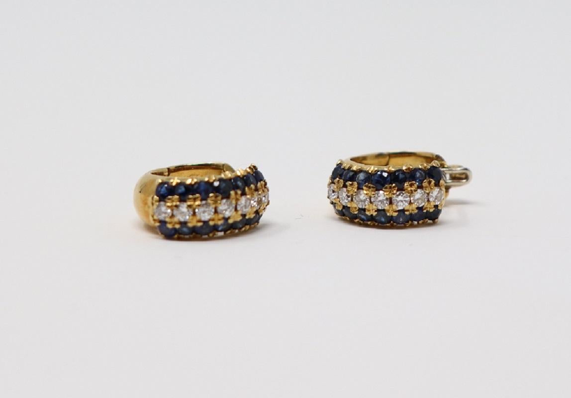 1.50 Carat Blue Sapphire and 0.60 Carat Diamonds Yellow Gold Hoop Earrings For Sale 3