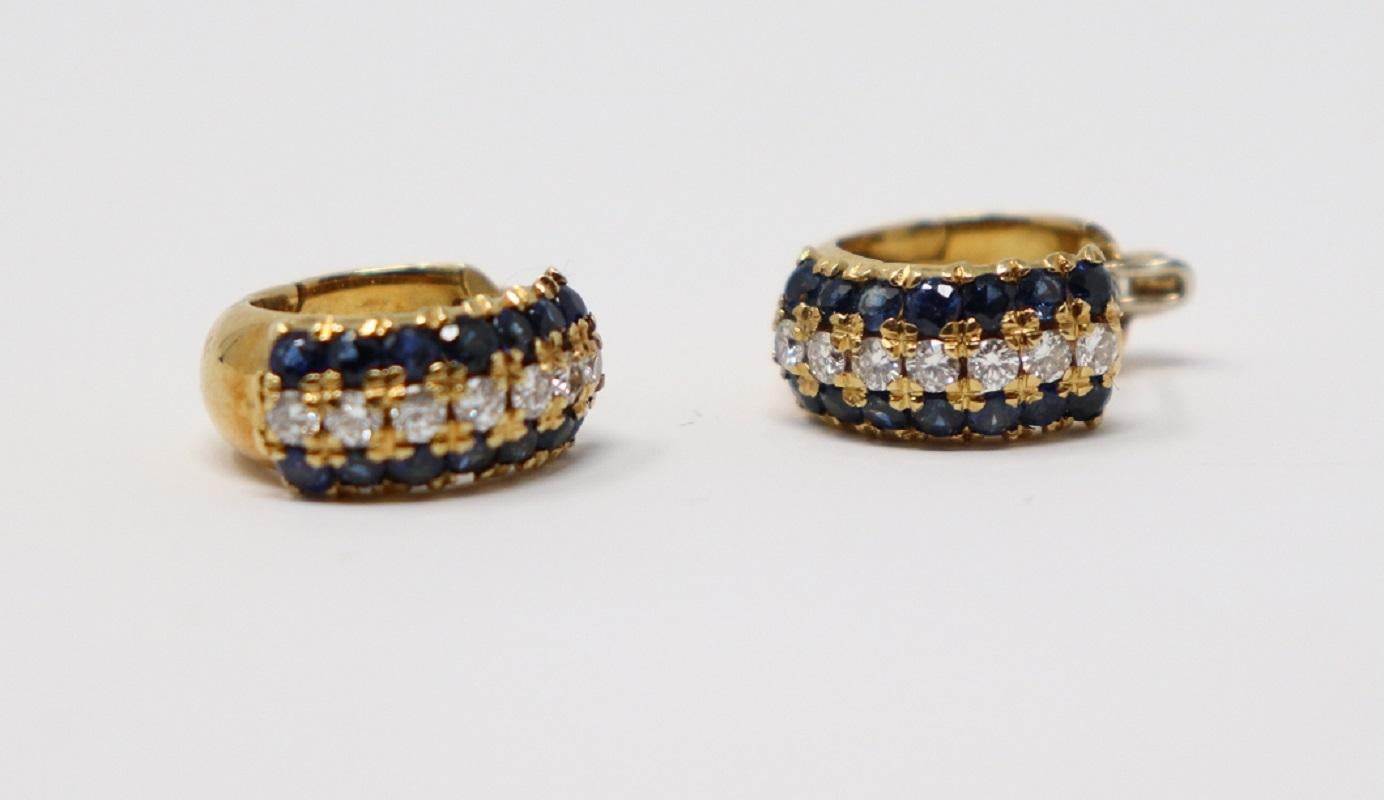 1.50 Carat Blue Sapphire and 0.60 Carat Diamonds Yellow Gold Hoop Earrings For Sale 4