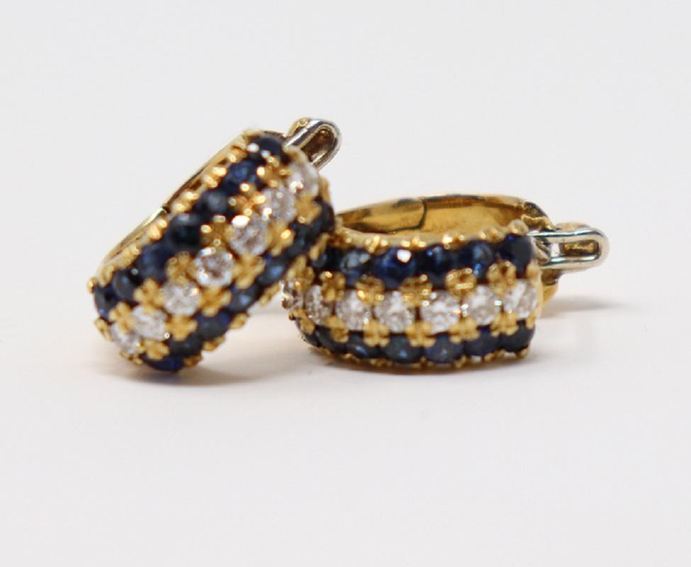 1.50 Carat Blue Sapphire and 0.60 Carat Diamonds Yellow Gold Hoop Earrings For Sale 5