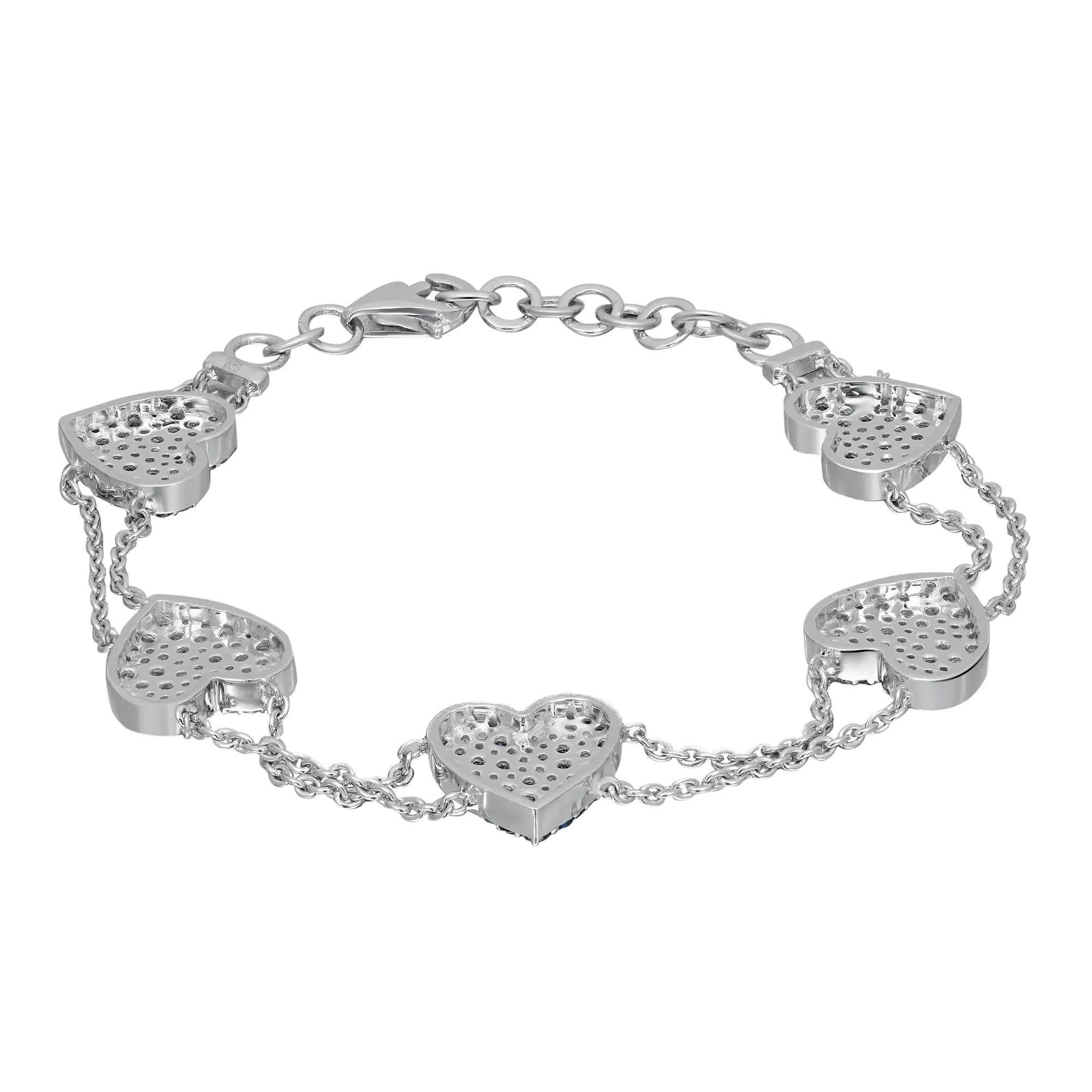 Modern Blue Sapphire 1.64Ct & Diamond 0.87Ct Five Hearts Chain Bracelet 14K White Gold For Sale