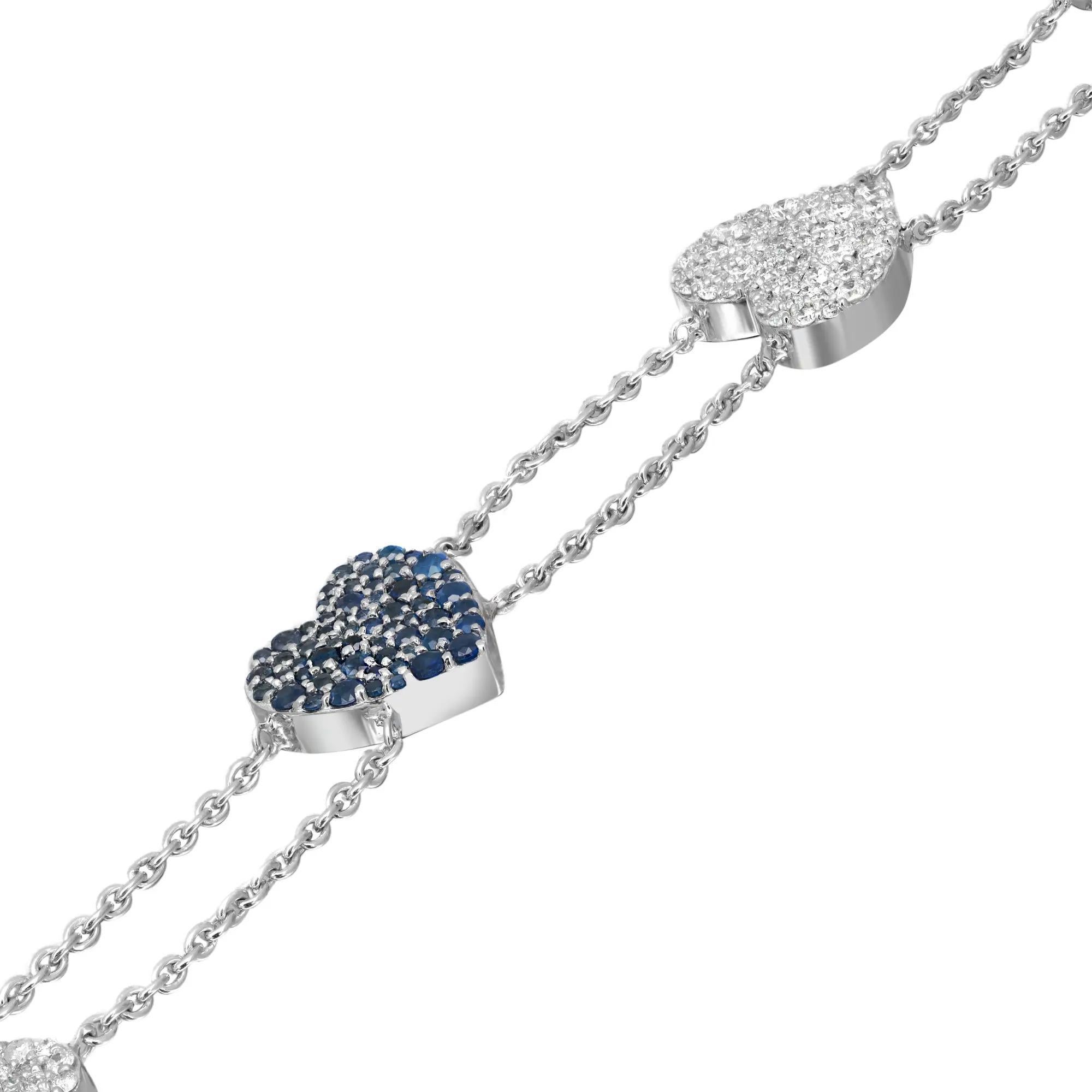 Round Cut Blue Sapphire 1.64Ct & Diamond 0.87Ct Five Hearts Chain Bracelet 14K White Gold For Sale