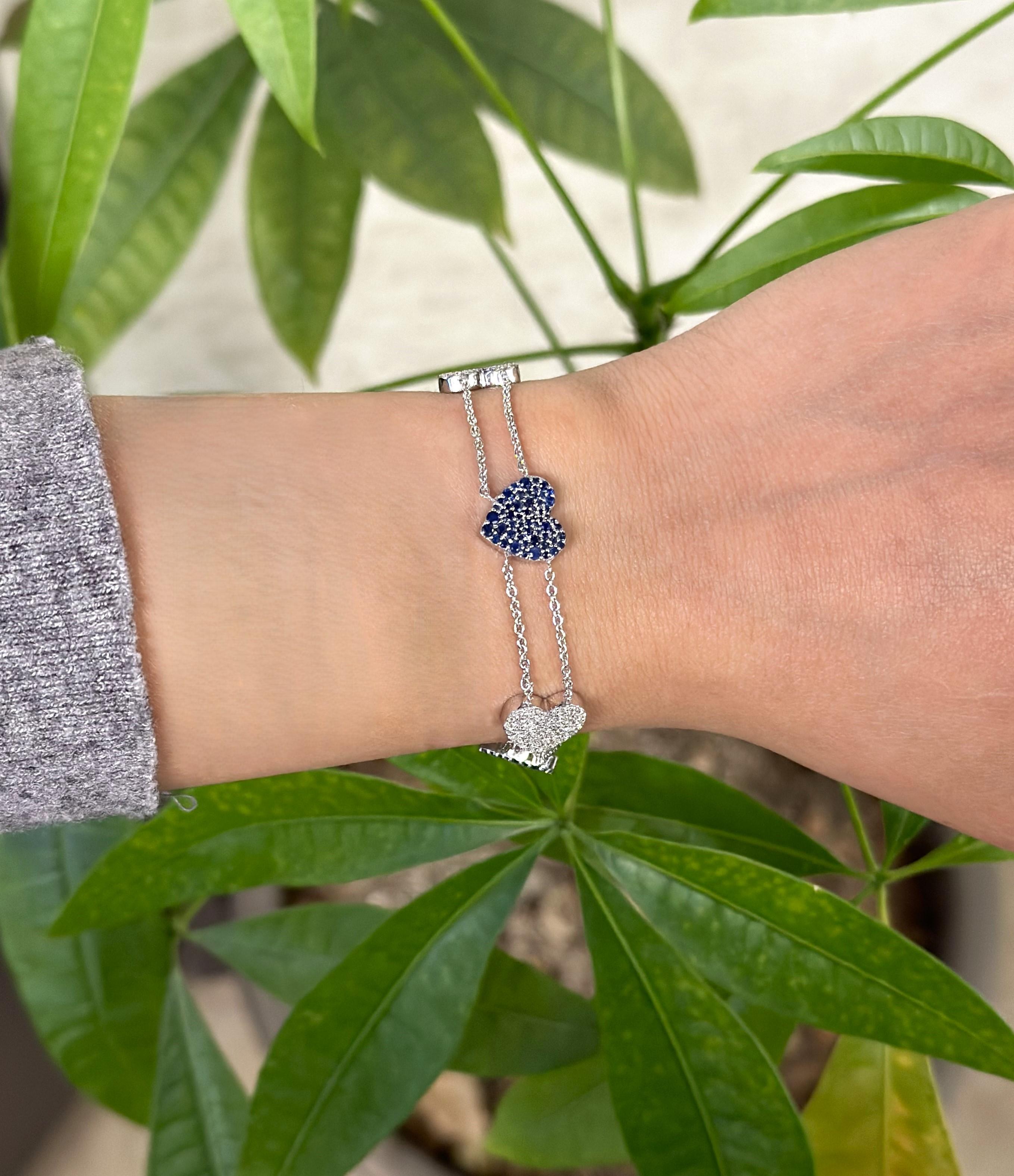 Blue Sapphire 1.64Ct & Diamond 0.87Ct Five Hearts Chain Bracelet 14K White Gold In New Condition For Sale In New York, NY