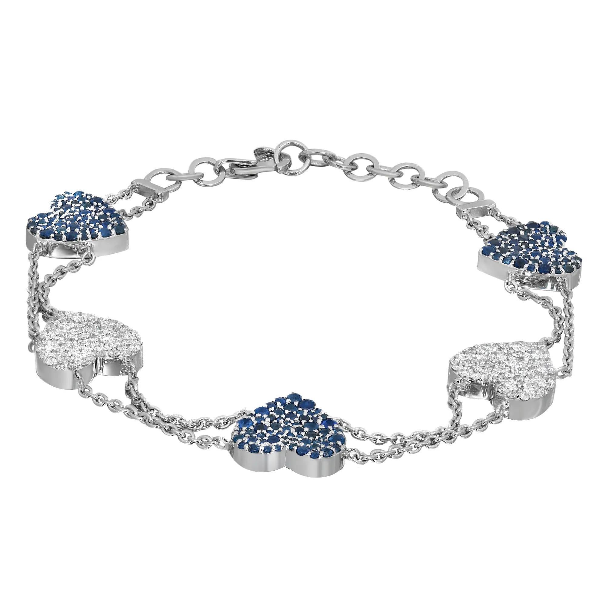 Blue Sapphire 1.64Ct & Diamond 0.87Ct Five Hearts Chain Bracelet 14K White Gold