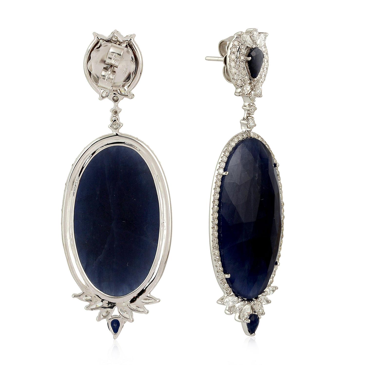 Contemporary Blue Sapphire 18 Karat Gold Diamond Earrings For Sale