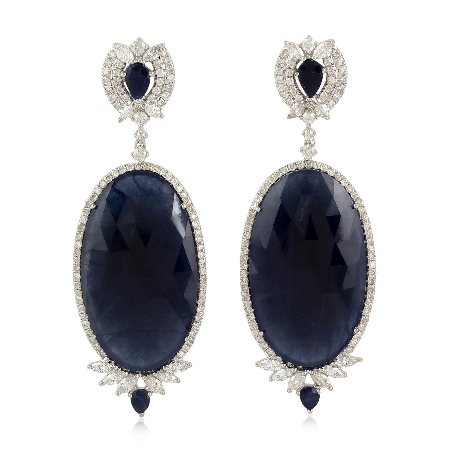 Rose Cut Blue Sapphire 18 Karat Gold Diamond Earrings For Sale
