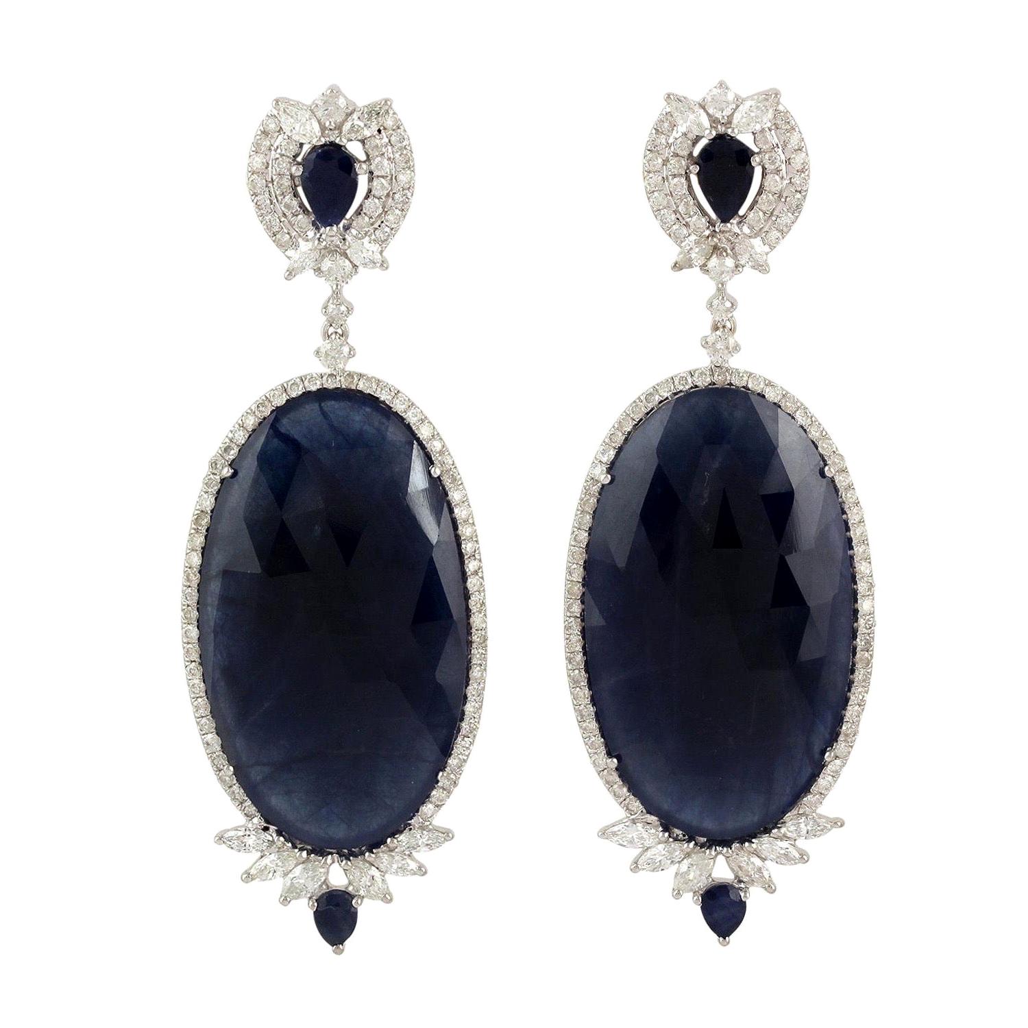 Blue Sapphire 18 Karat Gold Diamond Earrings For Sale