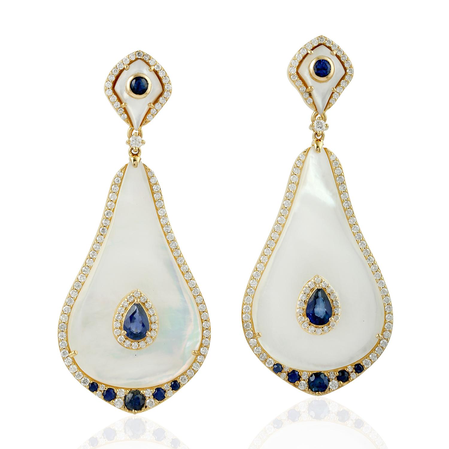 Modern Blue Sapphire 18 Karat Gold Mother of Pearl Diamond Earrings For Sale