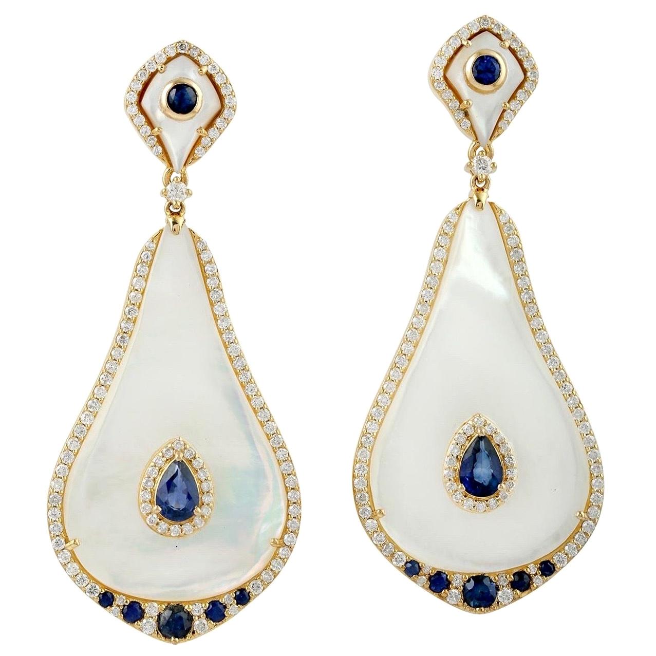 Blue Sapphire 18 Karat Gold Mother of Pearl Diamond Earrings For Sale