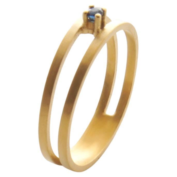 Artisan Blue Sapphire 18 Karat Yellow Gold Double Line Ring, US6.75 For Sale