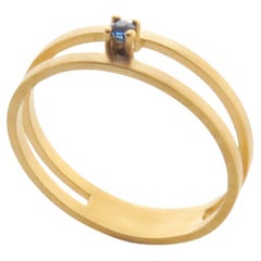 Used Blue Sapphire 18 Karat Yellow Gold Double Line Ring, US6.75