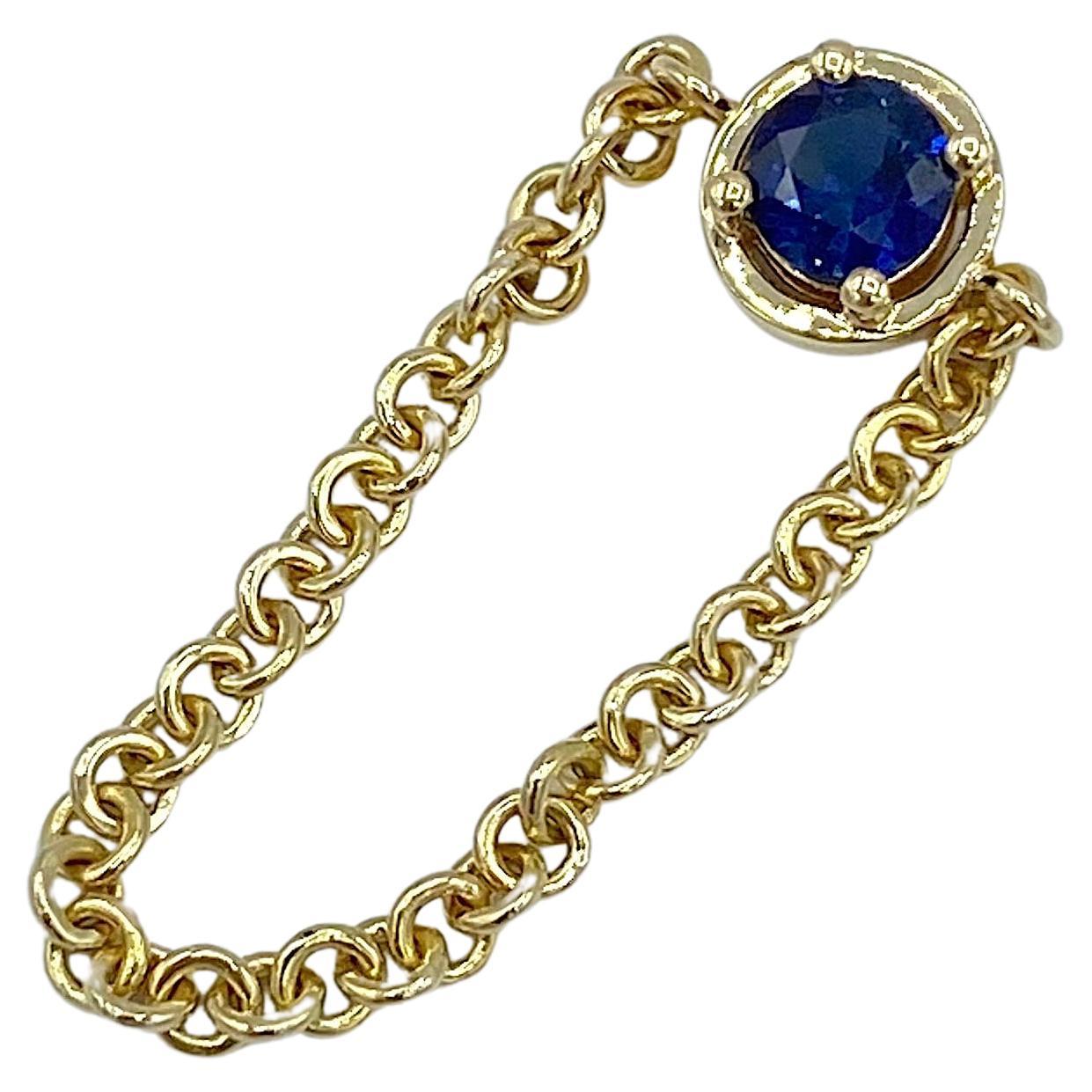 18 Karat Yellow Gold Chain Italian Blue Sapphire Ring by Petronilla For Sale